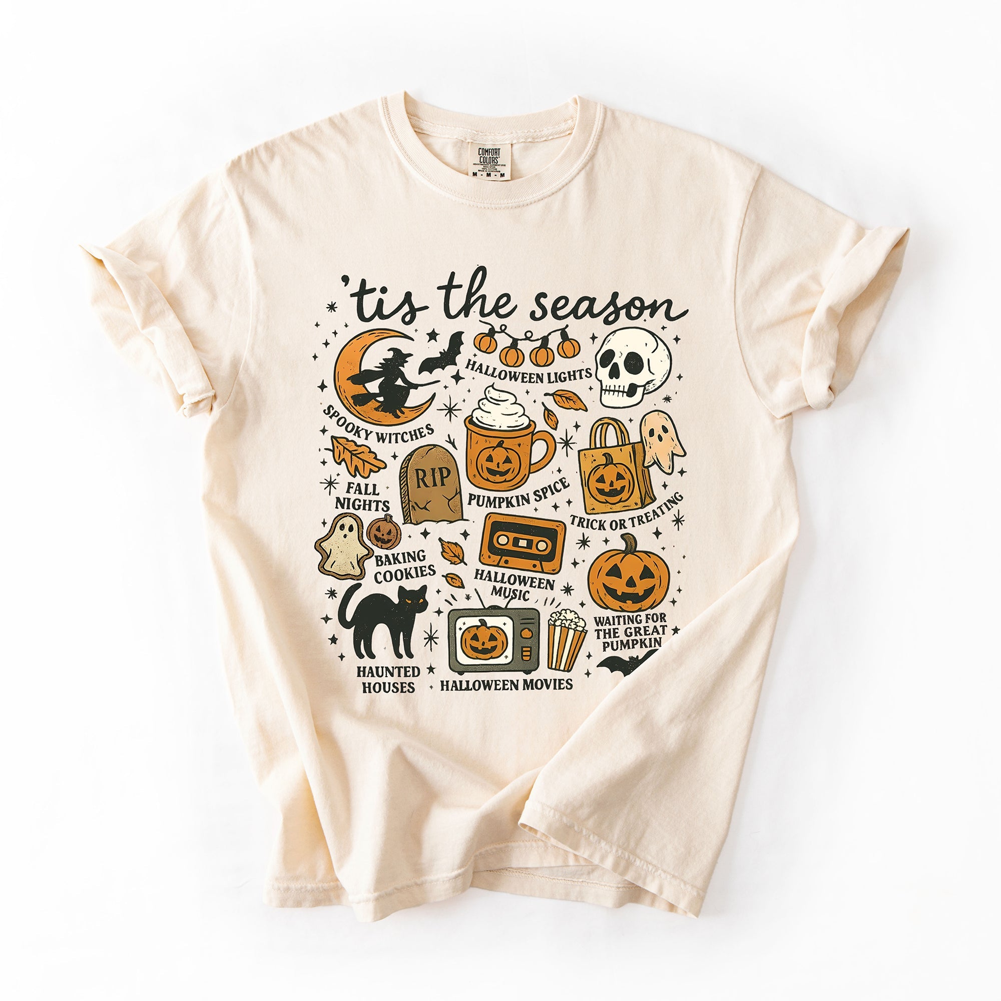 Tis The Season Halloween Skeleton Black Cat Witch Ghost Pumpkin Comfort Colors Tee