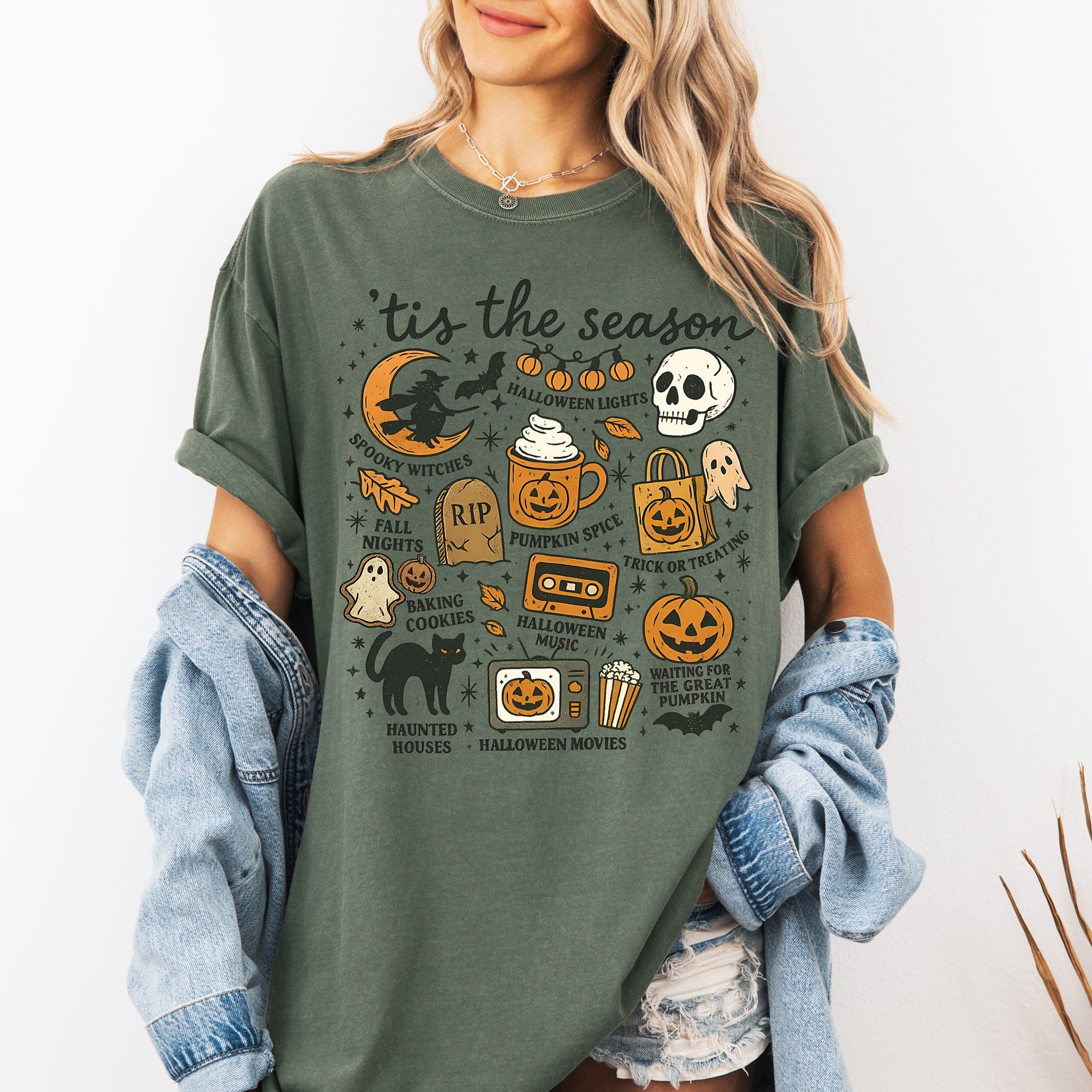 Tis The Season Halloween Skeleton Black Cat Witch Ghost Pumpkin Comfort Colors Tee