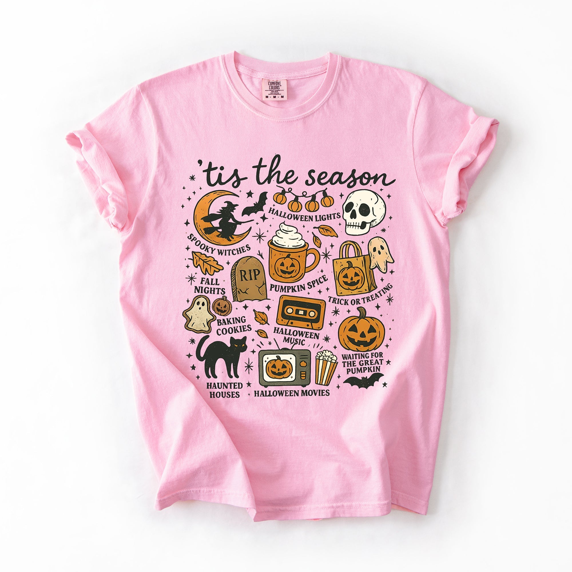 Tis The Season Halloween Skeleton Black Cat Witch Ghost Pumpkin Comfort Colors Tee