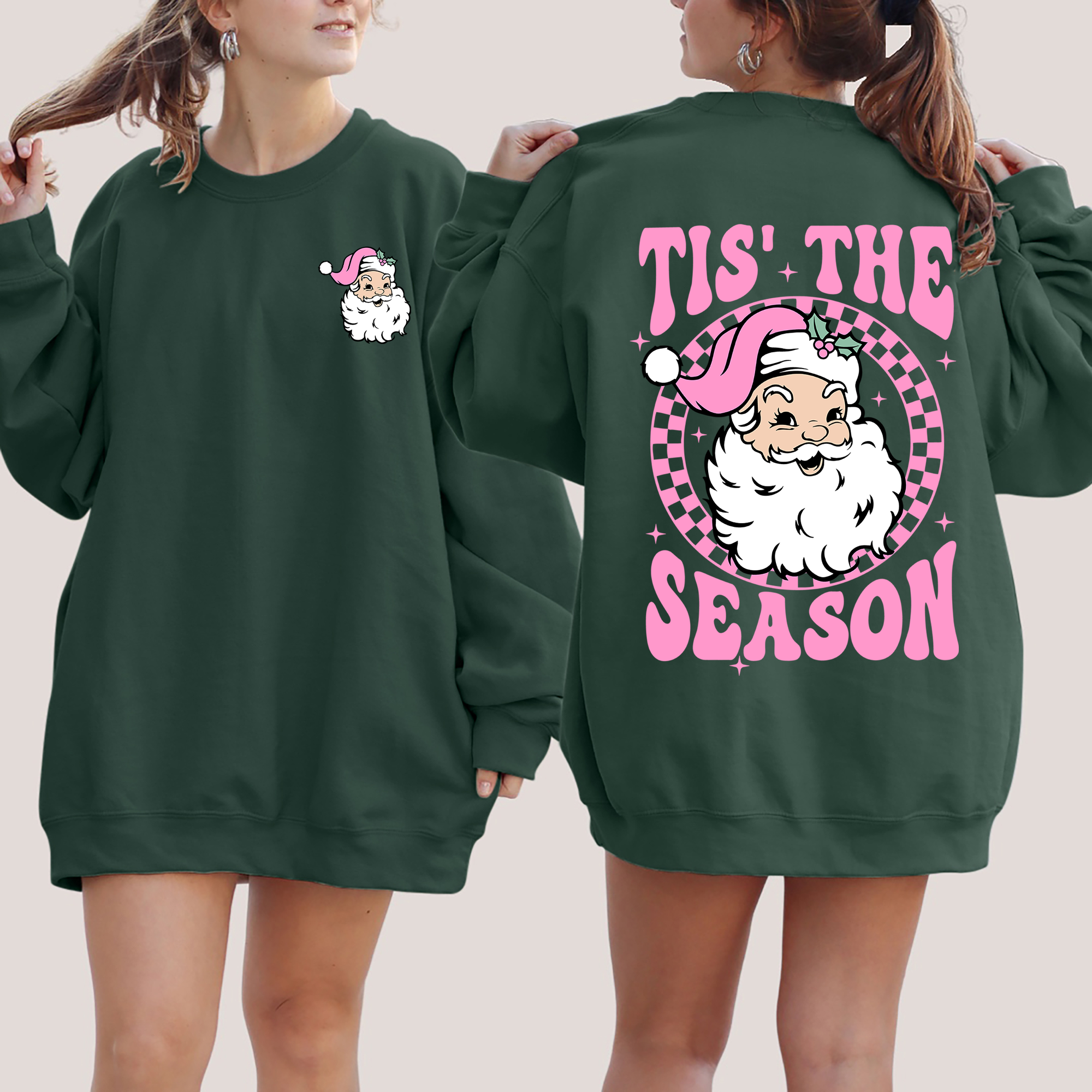 Tis The Season Retro Santa Checkered Front And Back Graphic Vintage Holiday Sweatshirt