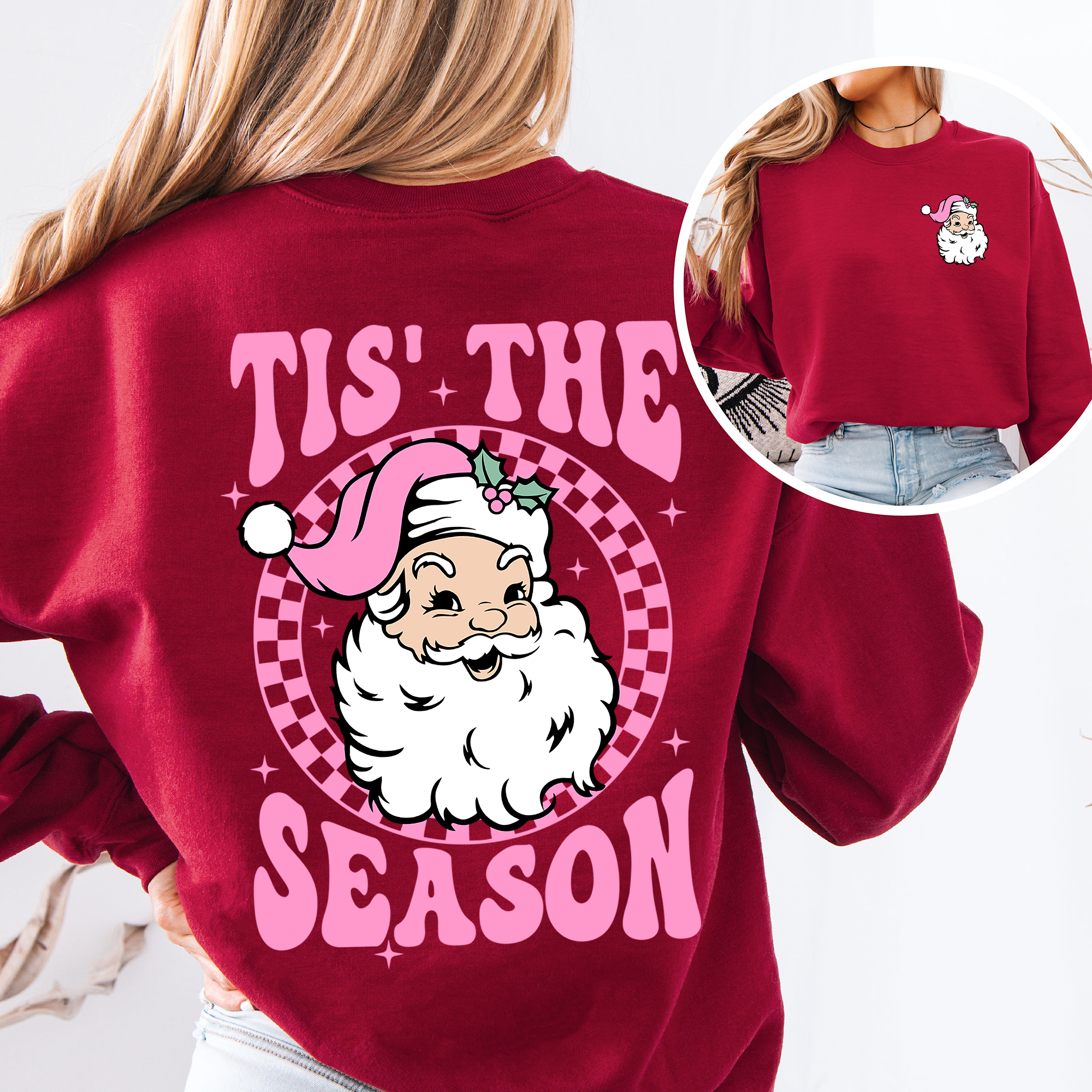 Tis The Season Retro Santa Checkered Front And Back Graphic Vintage Holiday Sweatshirt