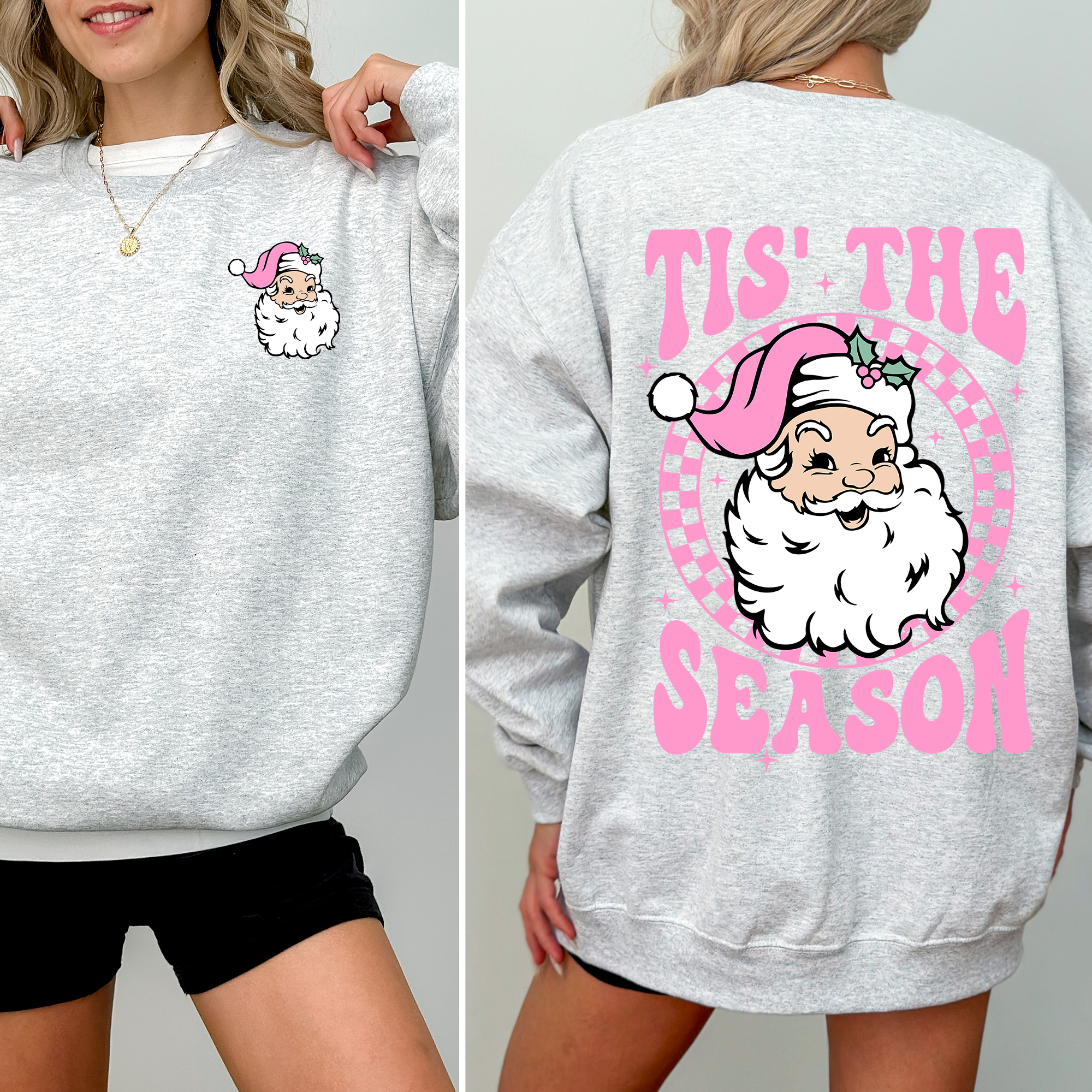 Tis The Season Retro Santa Checkered Front And Back Graphic Vintage Holiday Sweatshirt