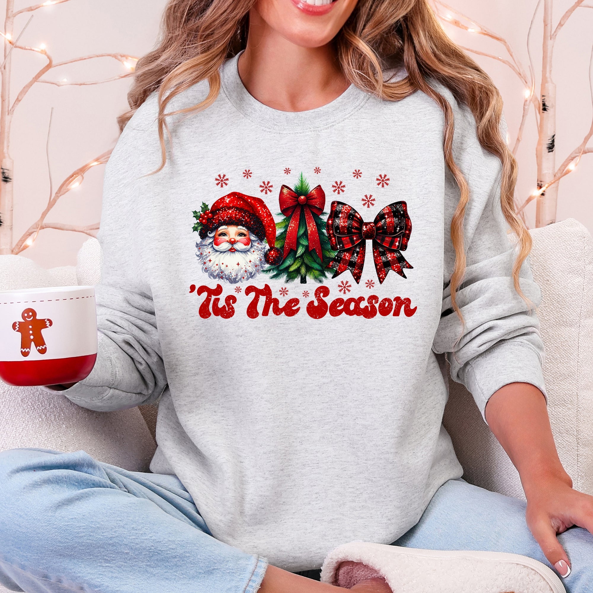 Tis The Season Santa Christmas Tree Checkered Bow Ribbon Holiday Cheer Festive Collection Sweatshirt