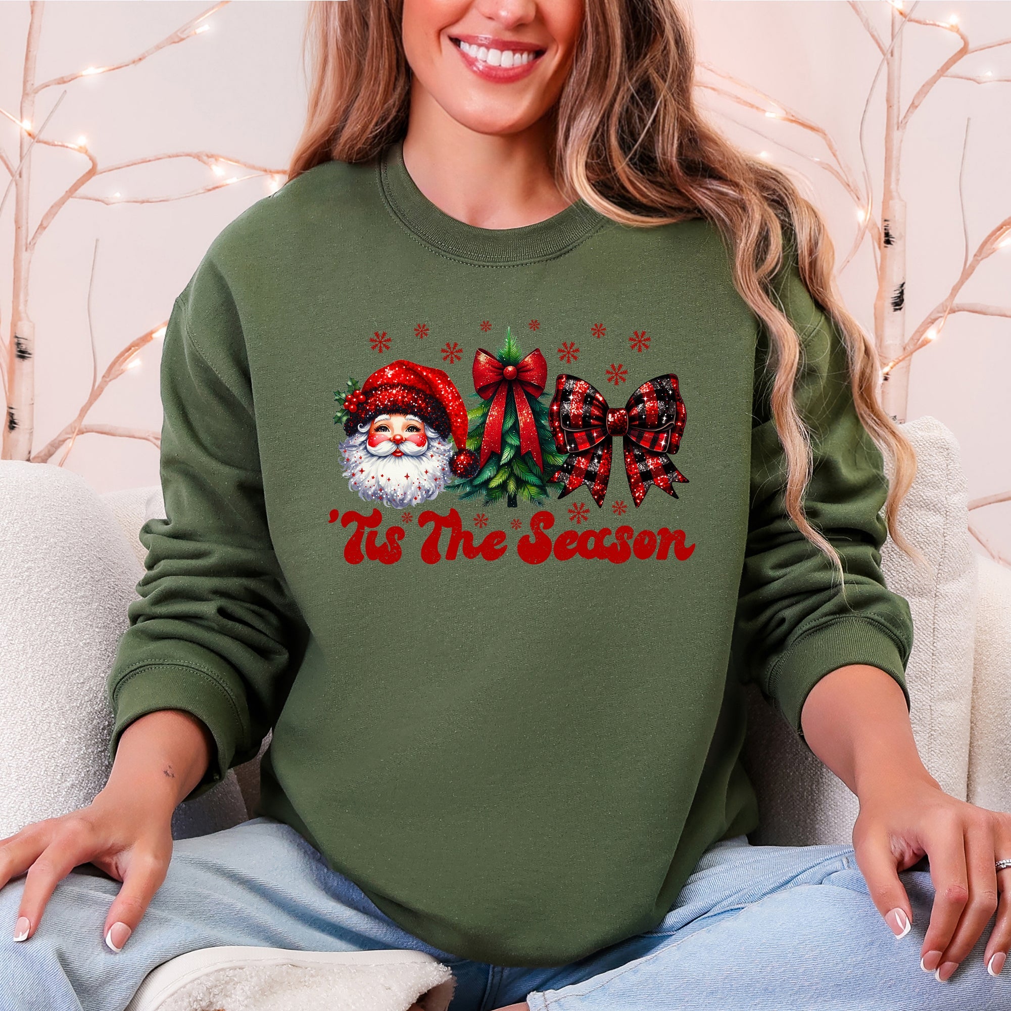 Tis The Season Santa Christmas Tree Checkered Bow Ribbon Holiday Cheer Festive Collection Sweatshirt
