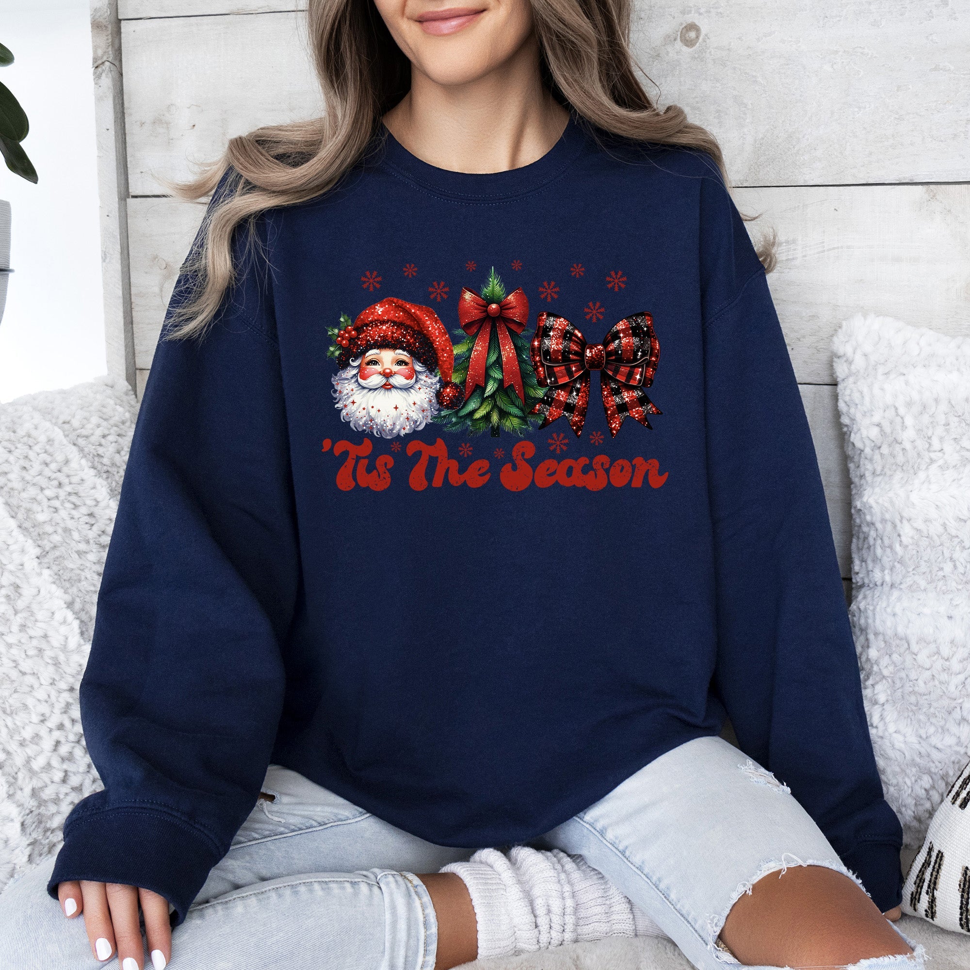 Tis The Season Santa Christmas Tree Checkered Bow Ribbon Holiday Cheer Festive Collection Sweatshirt