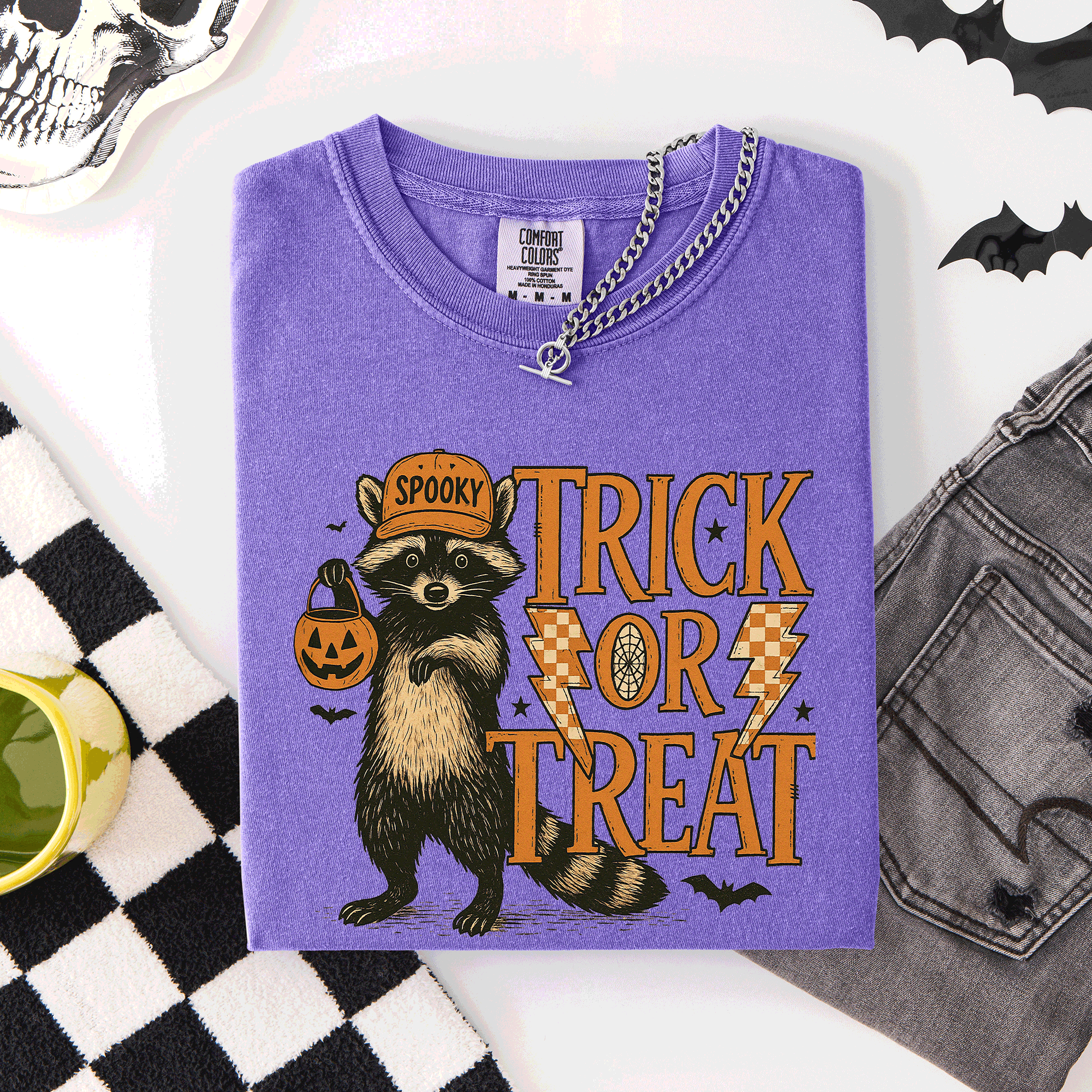 Trick or Treat Raccoon Halloween Mischief With Skeletons Ghosts Cats And Pumpkins Comfort Colors Tee