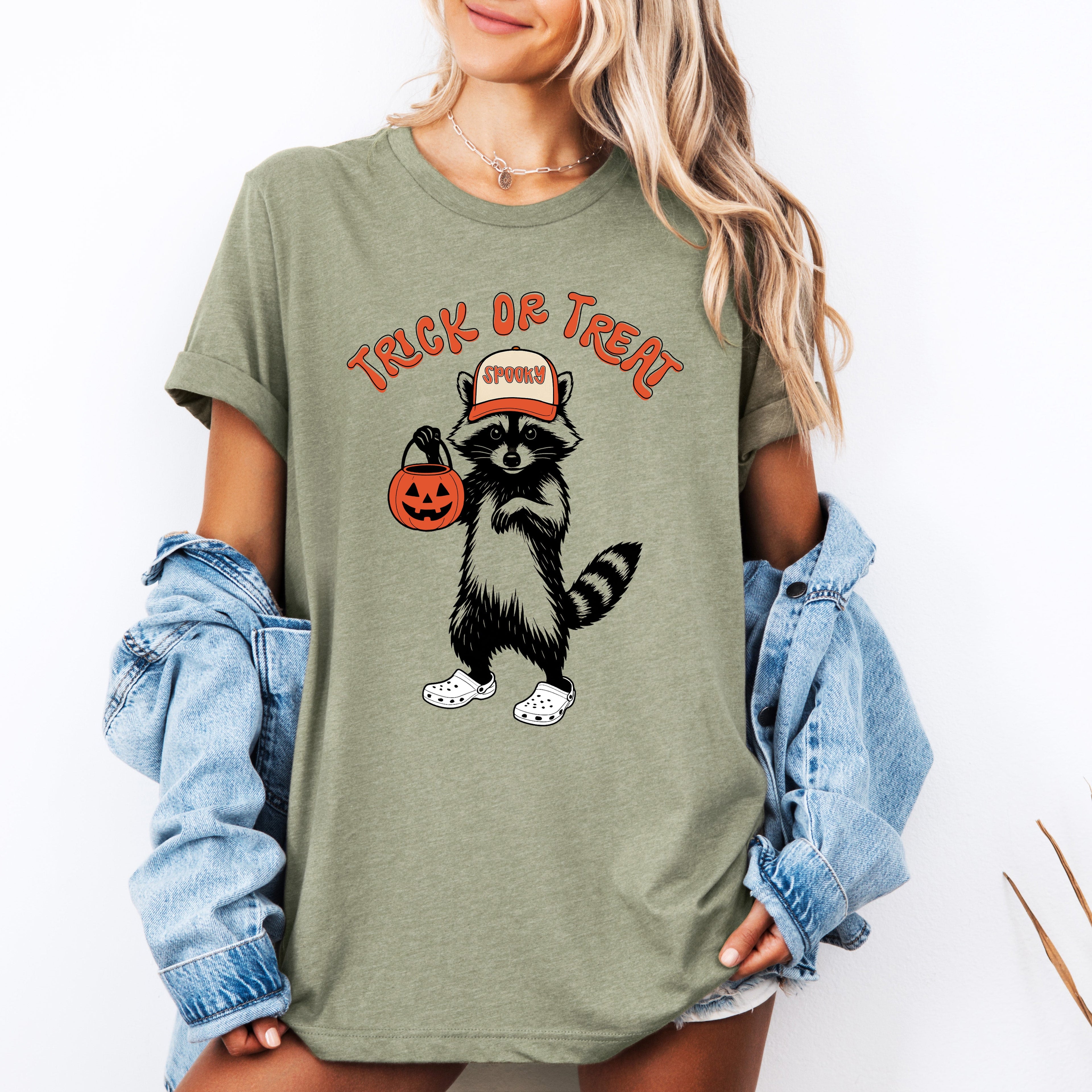 Trick Or Treat, Feral Raccoon Halloween Mischief Edition Spooky Nighttime Vibes Graphic Tee