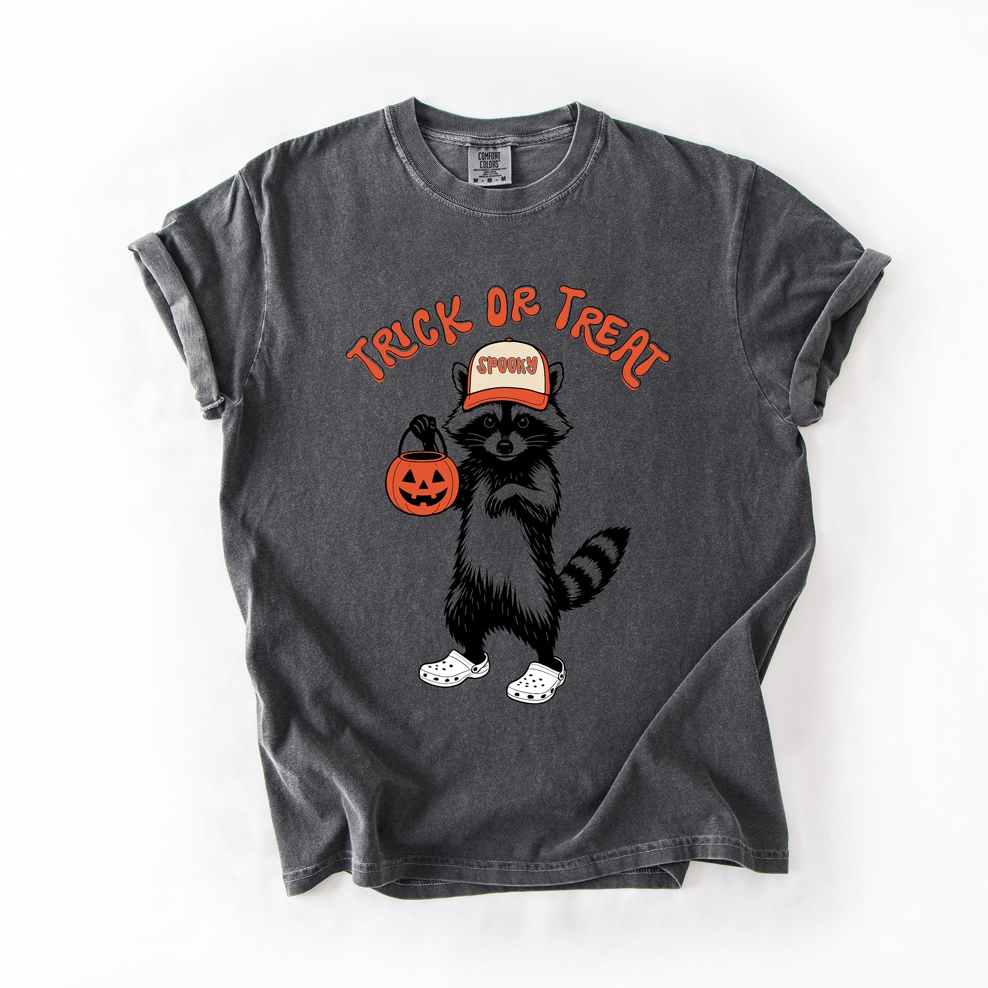 Trick Or Treat Feral Raccoon Halloween Skeletons Ghosts Witches Cats Pumpkins Graphic Comfort Colors Tee