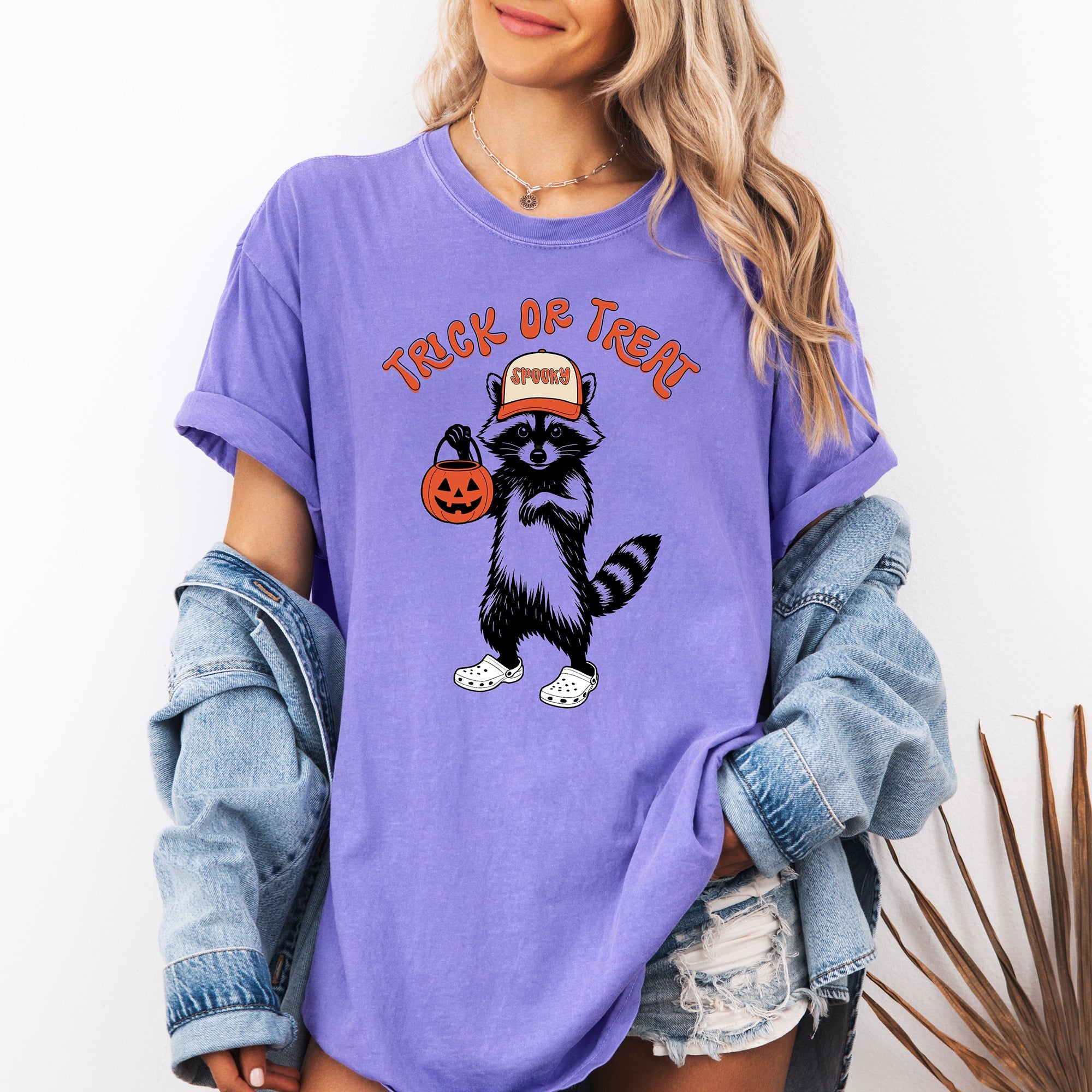 Trick Or Treat Feral Raccoon Halloween Skeletons Ghosts Witches Cats Pumpkins Graphic Comfort Colors Tee