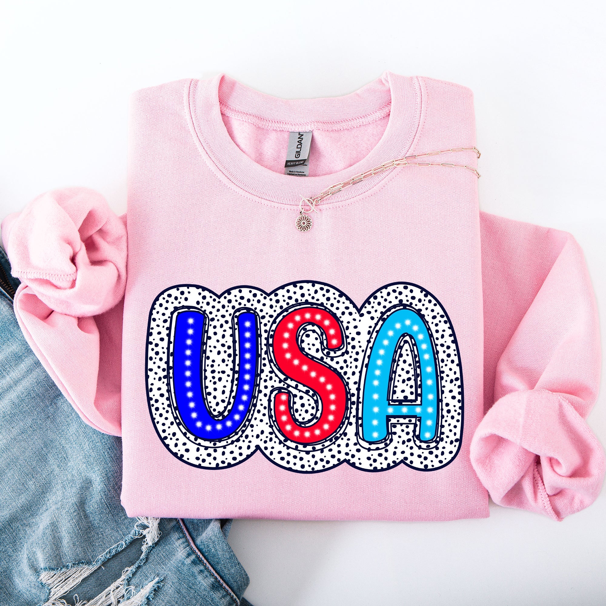 USA Dalmatian Print Patriotic Red White Blue 4th of July Celebration American Sweatshirt
