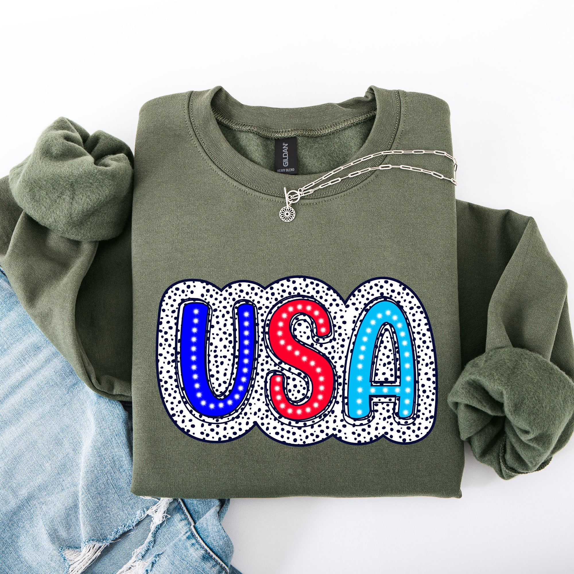 USA Dalmatian Print Patriotic Red White Blue 4th of July Celebration American Sweatshirt