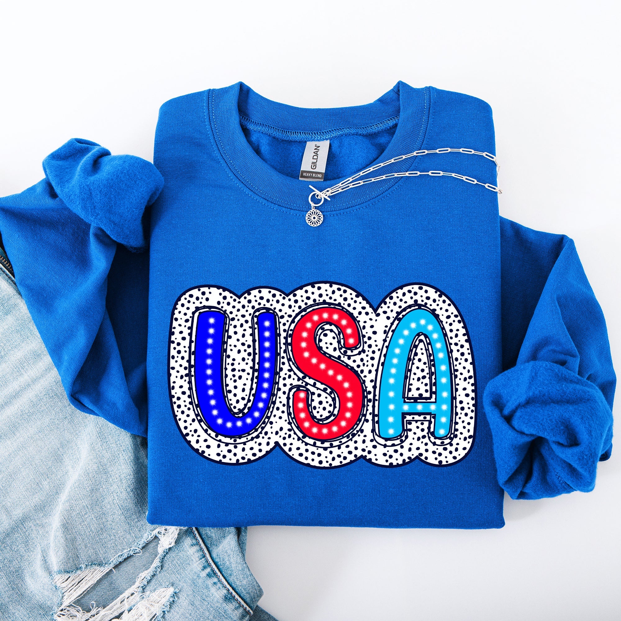 USA Dalmatian Print Patriotic Red White Blue 4th of July Celebration American Sweatshirt
