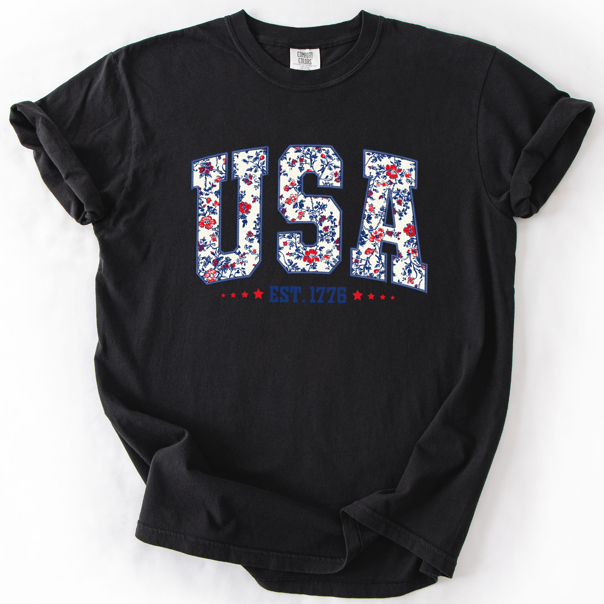 USA Floral Pattern Est 1776 Patriotic America Flag Inspired Edition Comfort Colors Tee