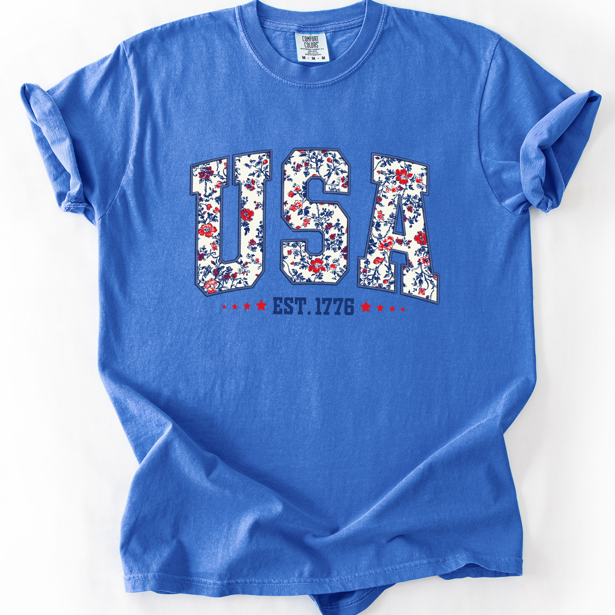 USA Floral Pattern Est 1776 Patriotic America Flag Inspired Edition Comfort Colors Tee