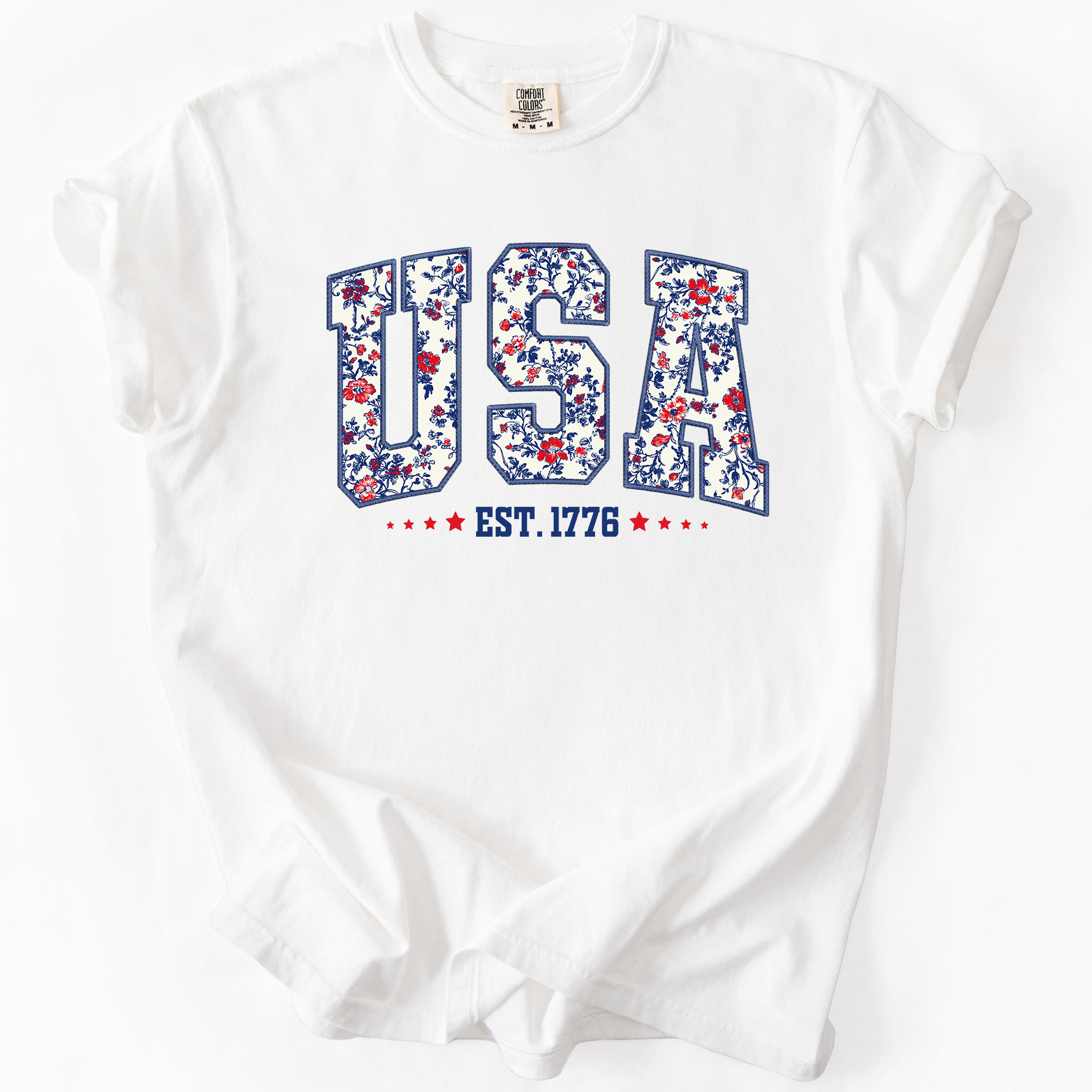 USA Floral Pattern Est 1776 Patriotic America Flag Inspired Edition Comfort Colors Tee
