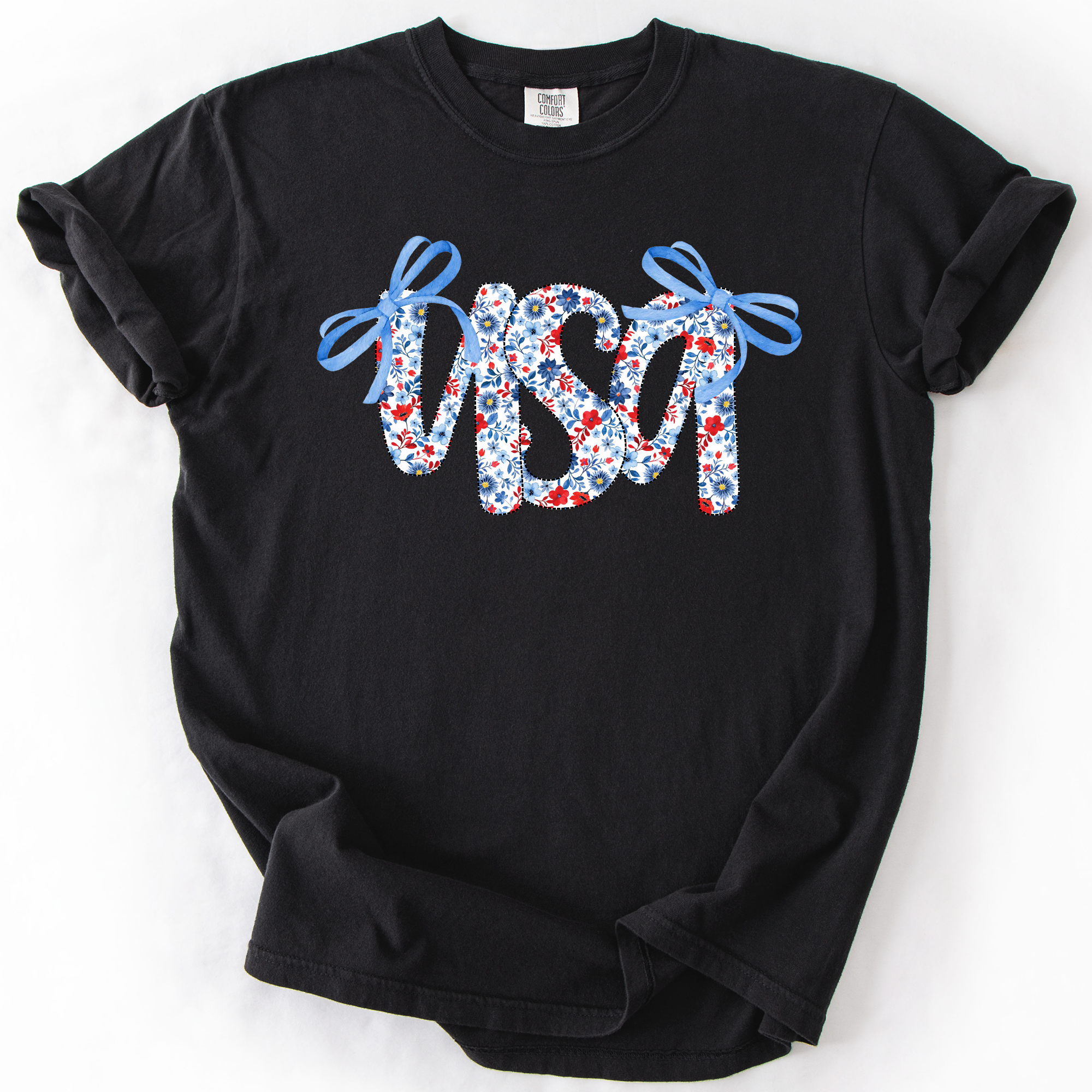 USA Patriotic Floral Patterns With Ribbons For Fourth Of July And American Pride Comfort Colors Tee