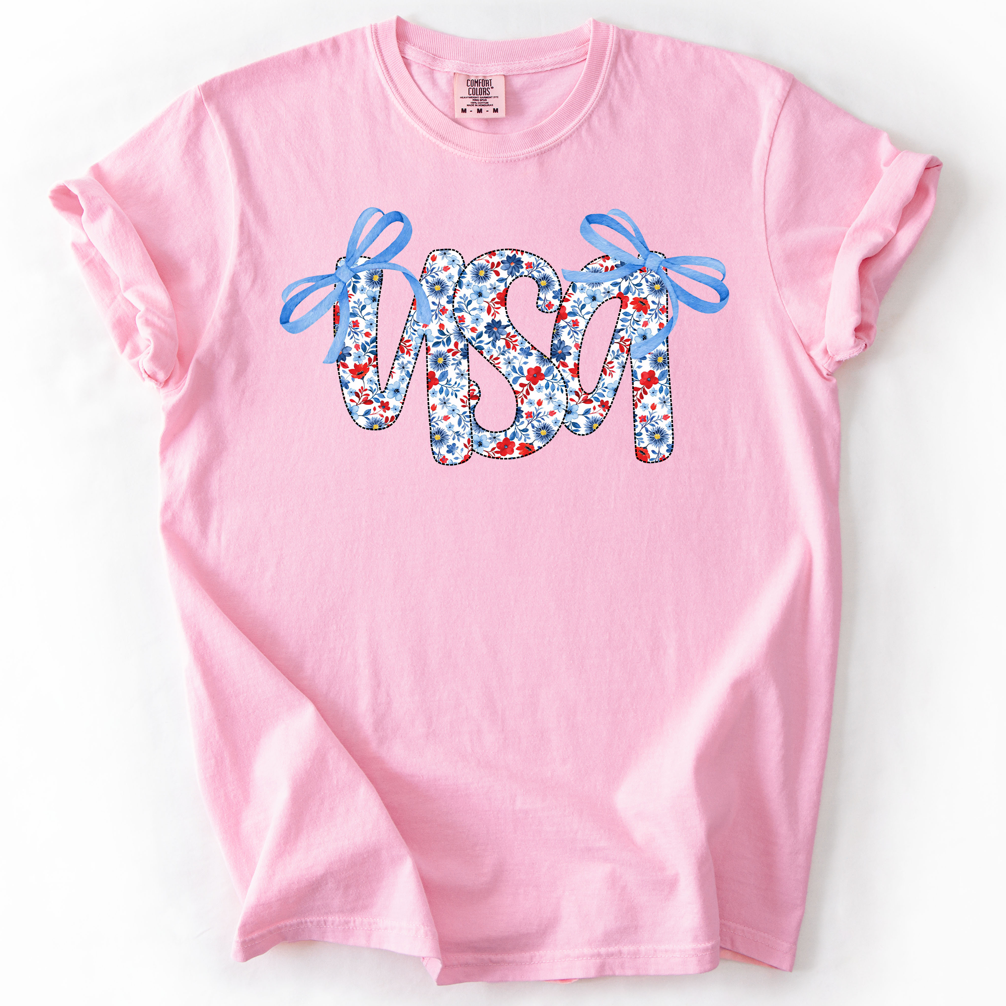 USA Patriotic Floral Patterns With Ribbons For Fourth Of July And American Pride Comfort Colors Tee