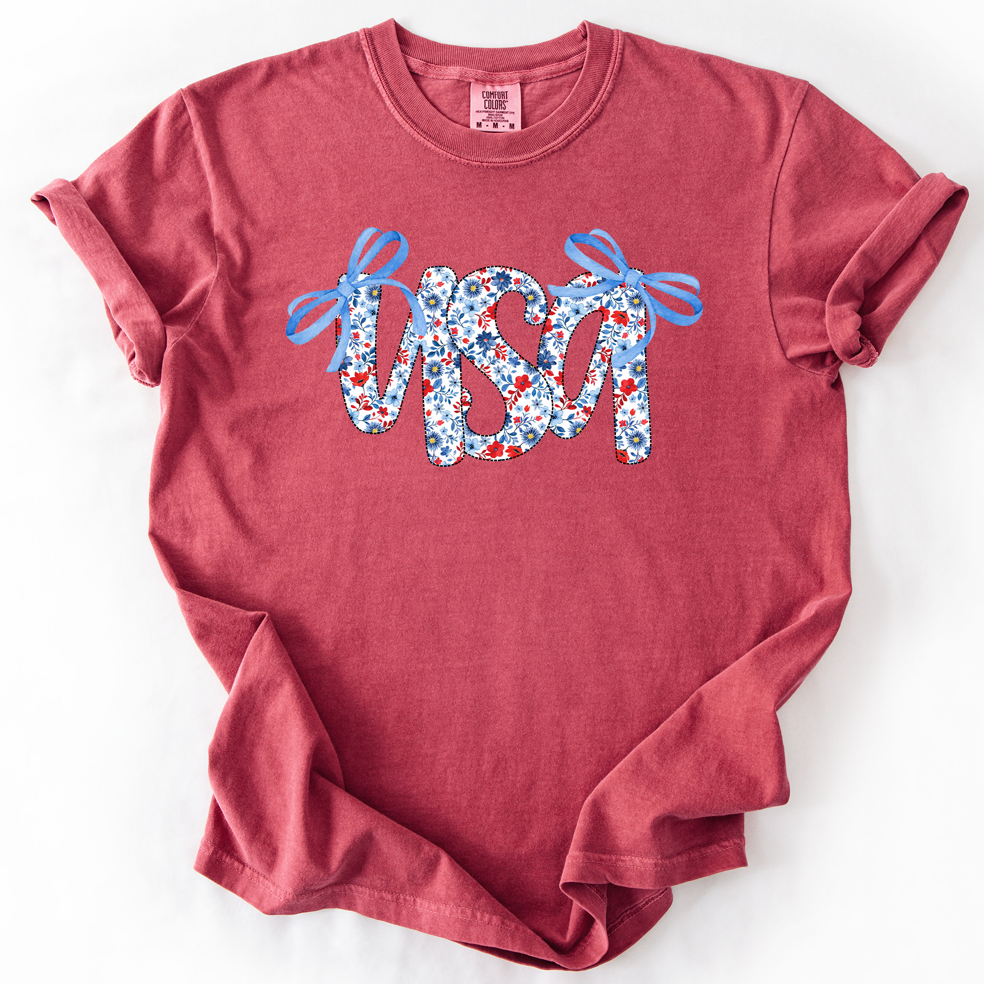 USA Patriotic Floral Patterns With Ribbons For Fourth Of July And American Pride Comfort Colors Tee