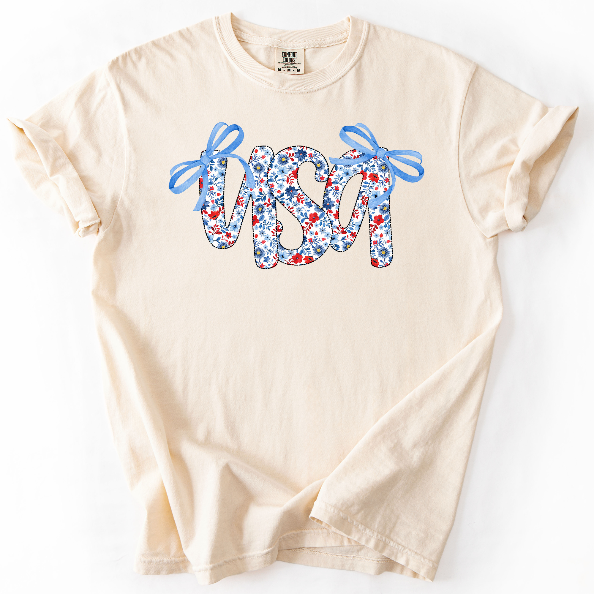 USA Patriotic Floral Patterns With Ribbons For Fourth Of July And American Pride Comfort Colors Tee