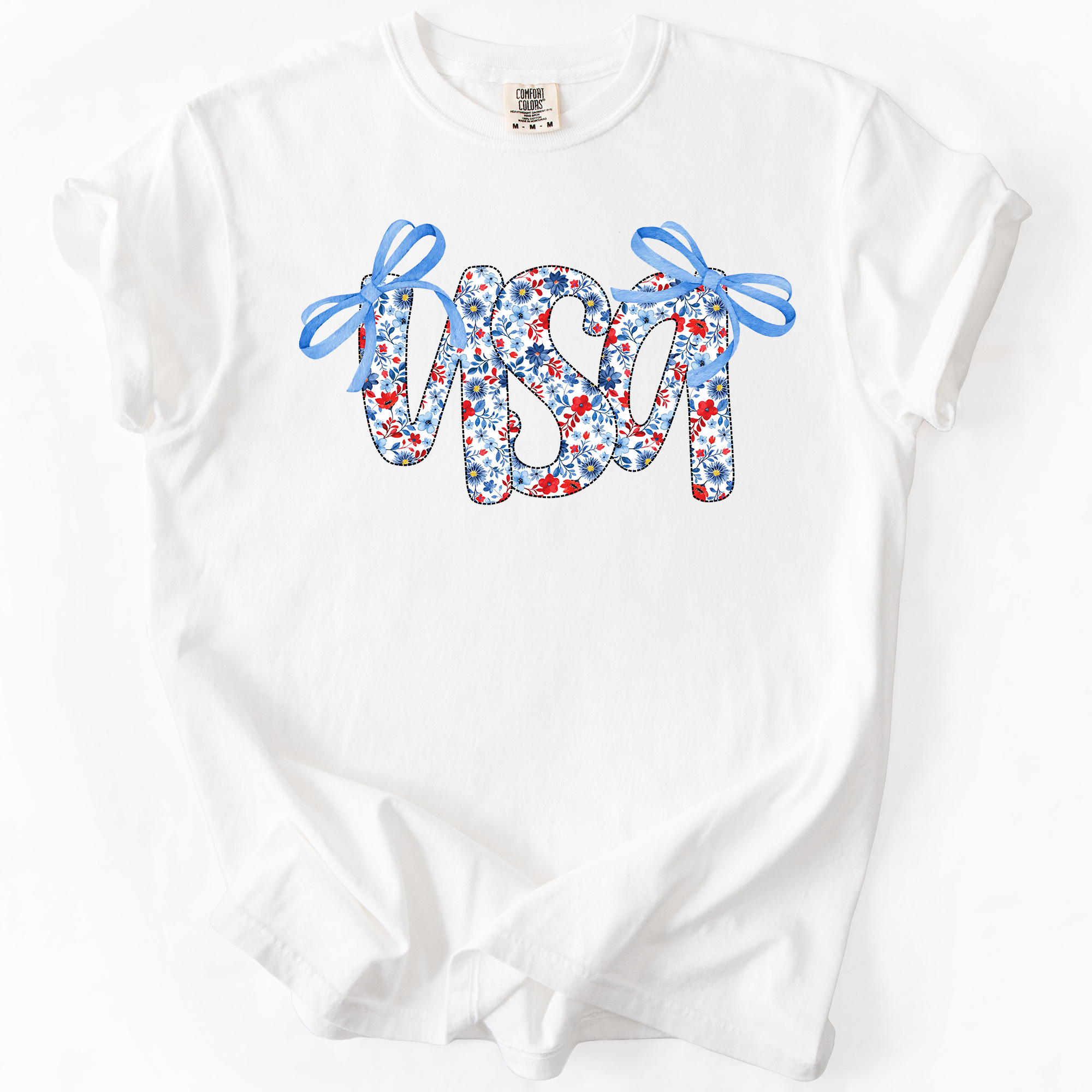 USA Patriotic Floral Patterns With Ribbons For Fourth Of July And American Pride Comfort Colors Tee
