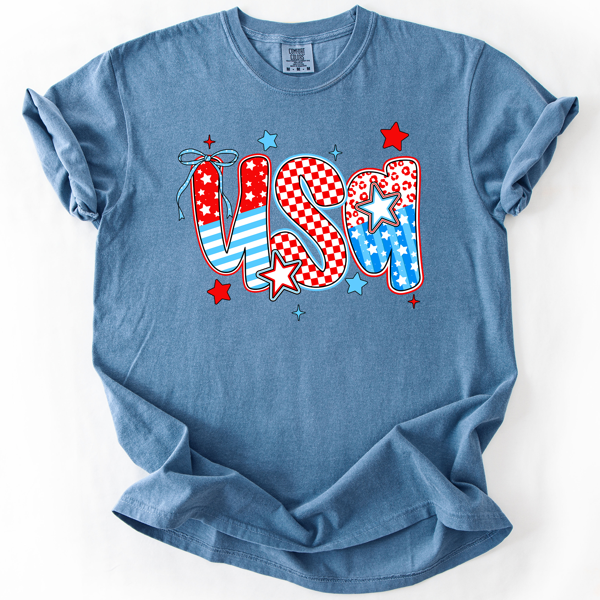 USA Patriotic Patterns Bow Fourth Of July America Design Edition Comfort Colors Tee