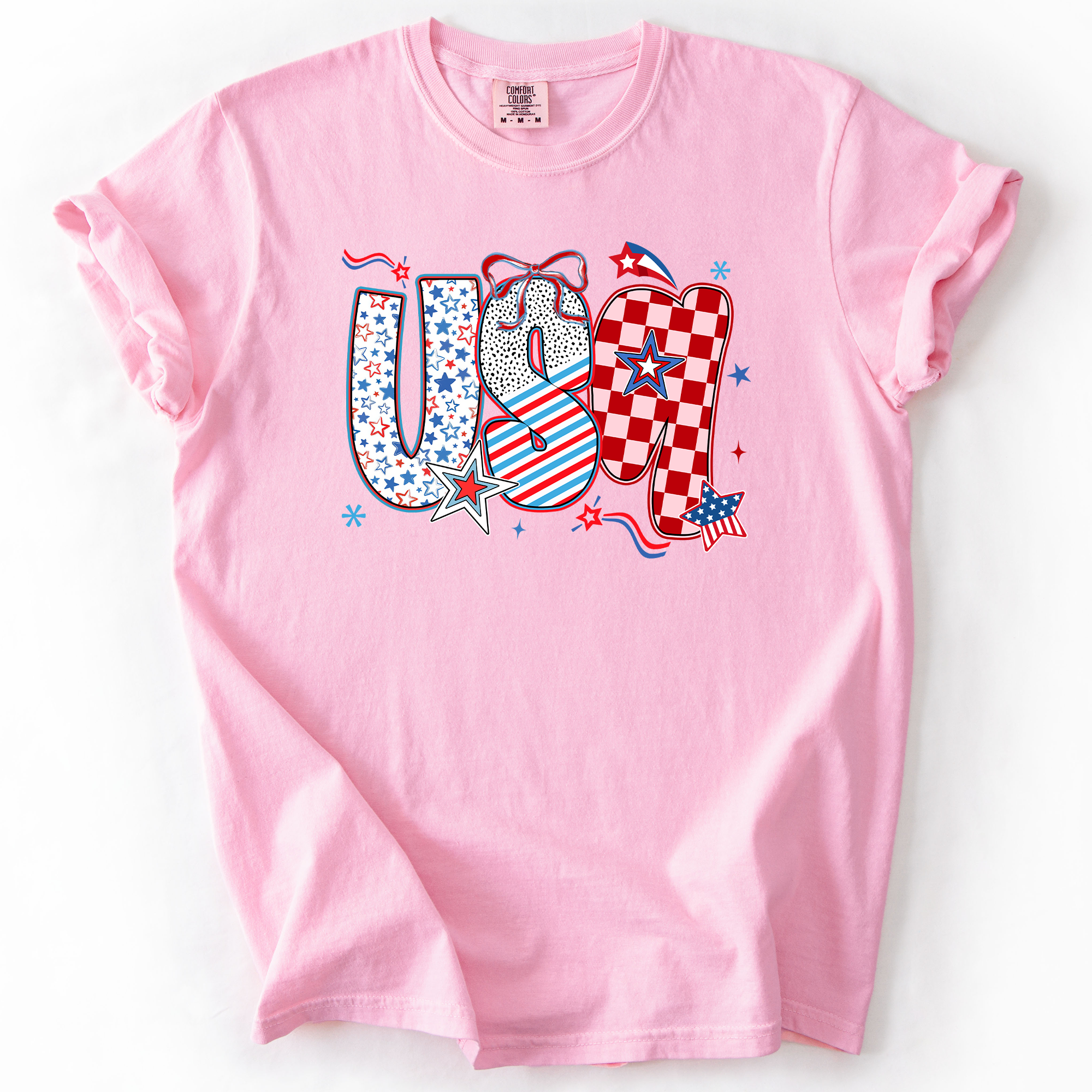 USA Patriotic Patterns With Ribbons Fourth of July America Theme Comfort Colors Tee