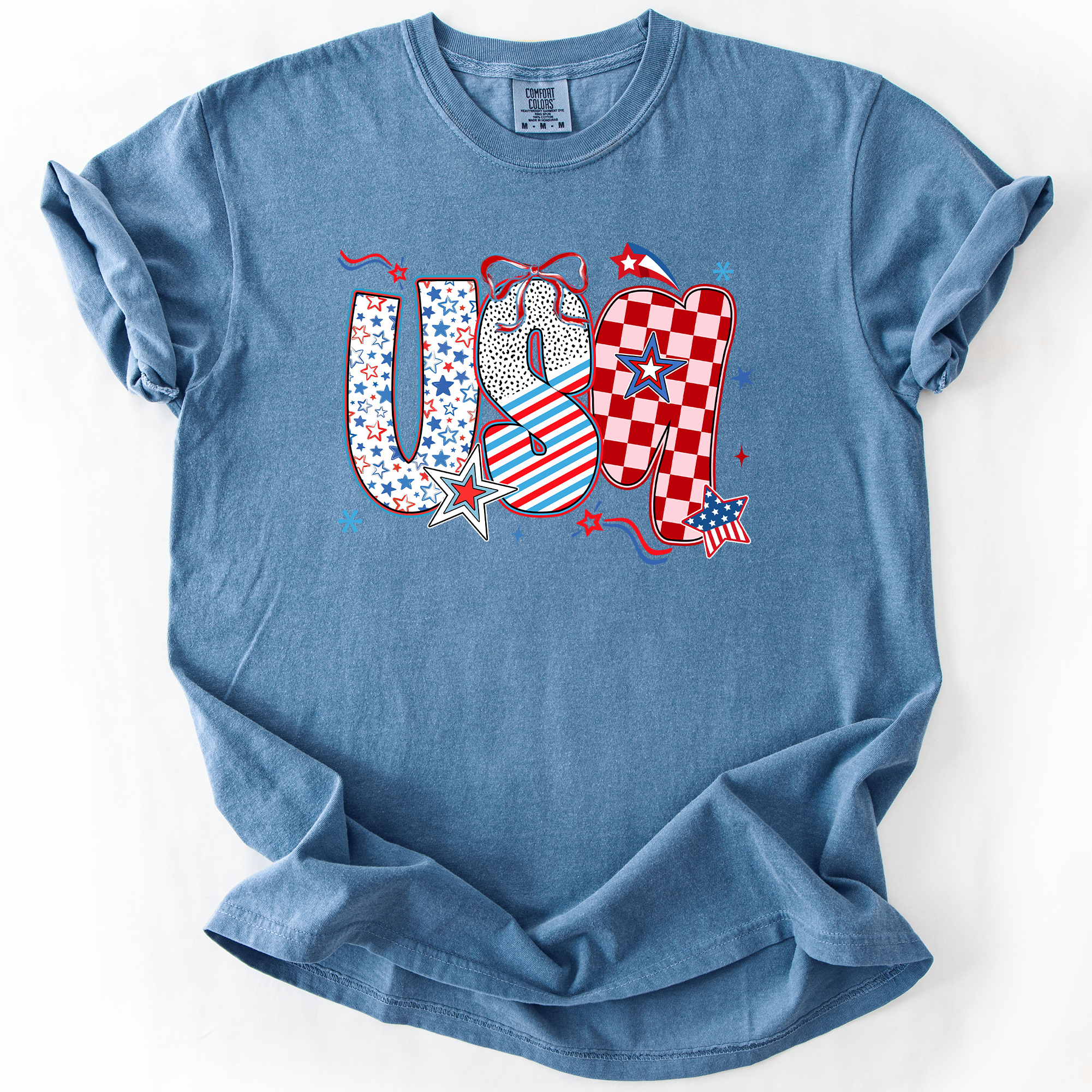 USA Patriotic Patterns With Ribbons Fourth of July America Theme Comfort Colors Tee