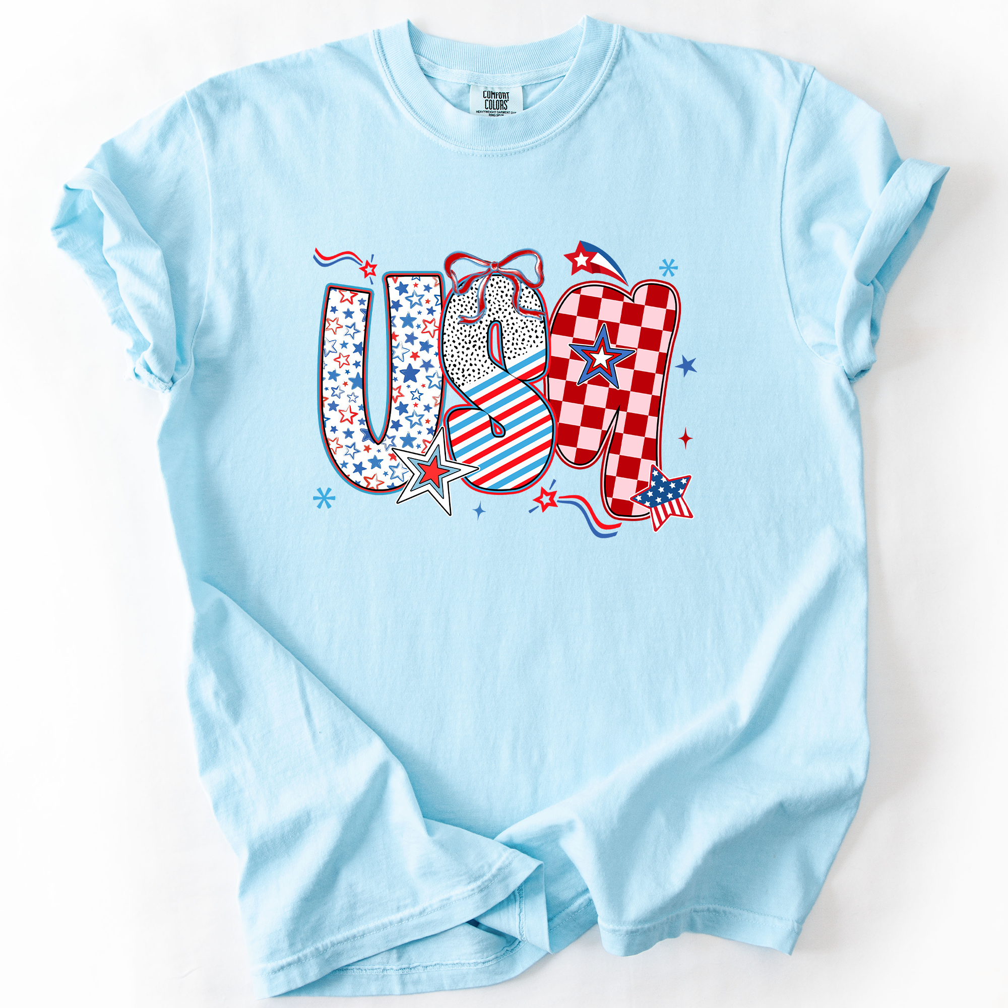 USA Patriotic Patterns With Ribbons Fourth of July America Theme Comfort Colors Tee