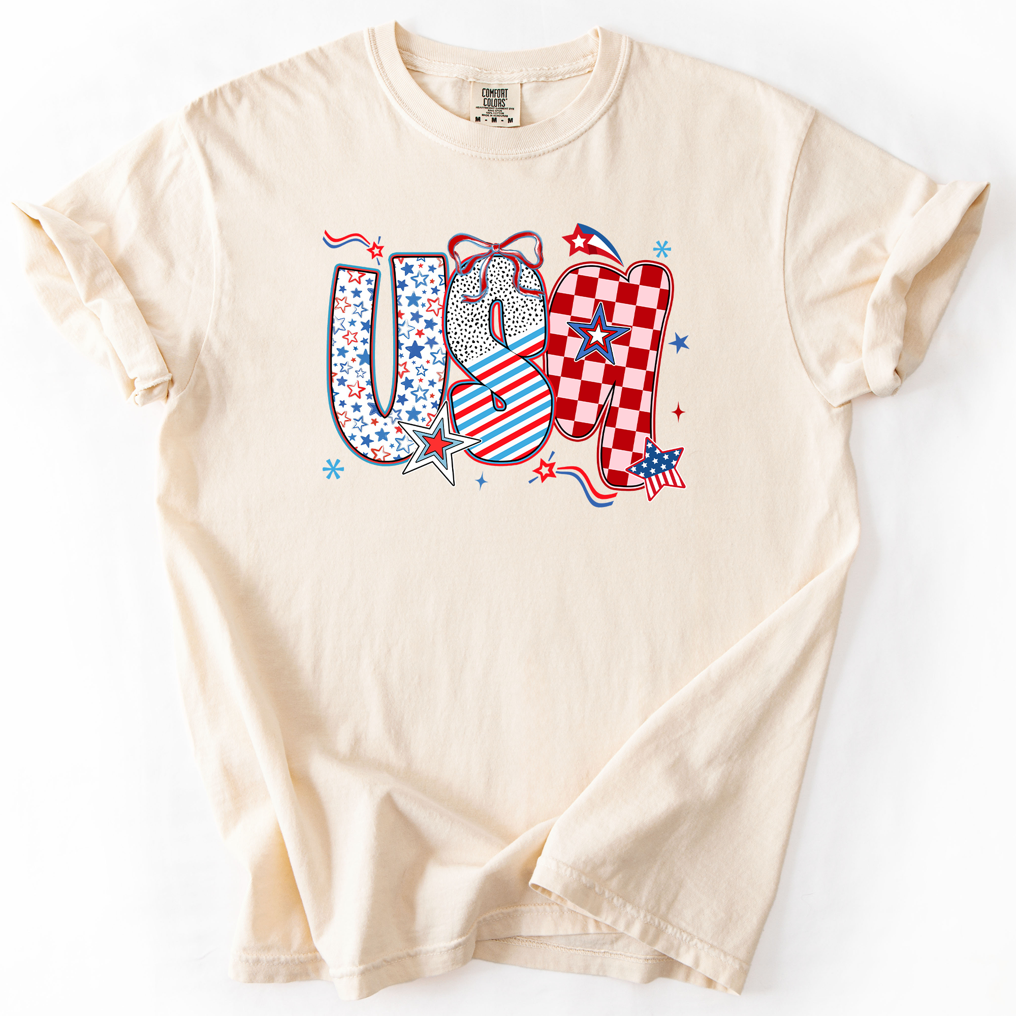 USA Patriotic Patterns With Ribbons Fourth of July America Theme Comfort Colors Tee