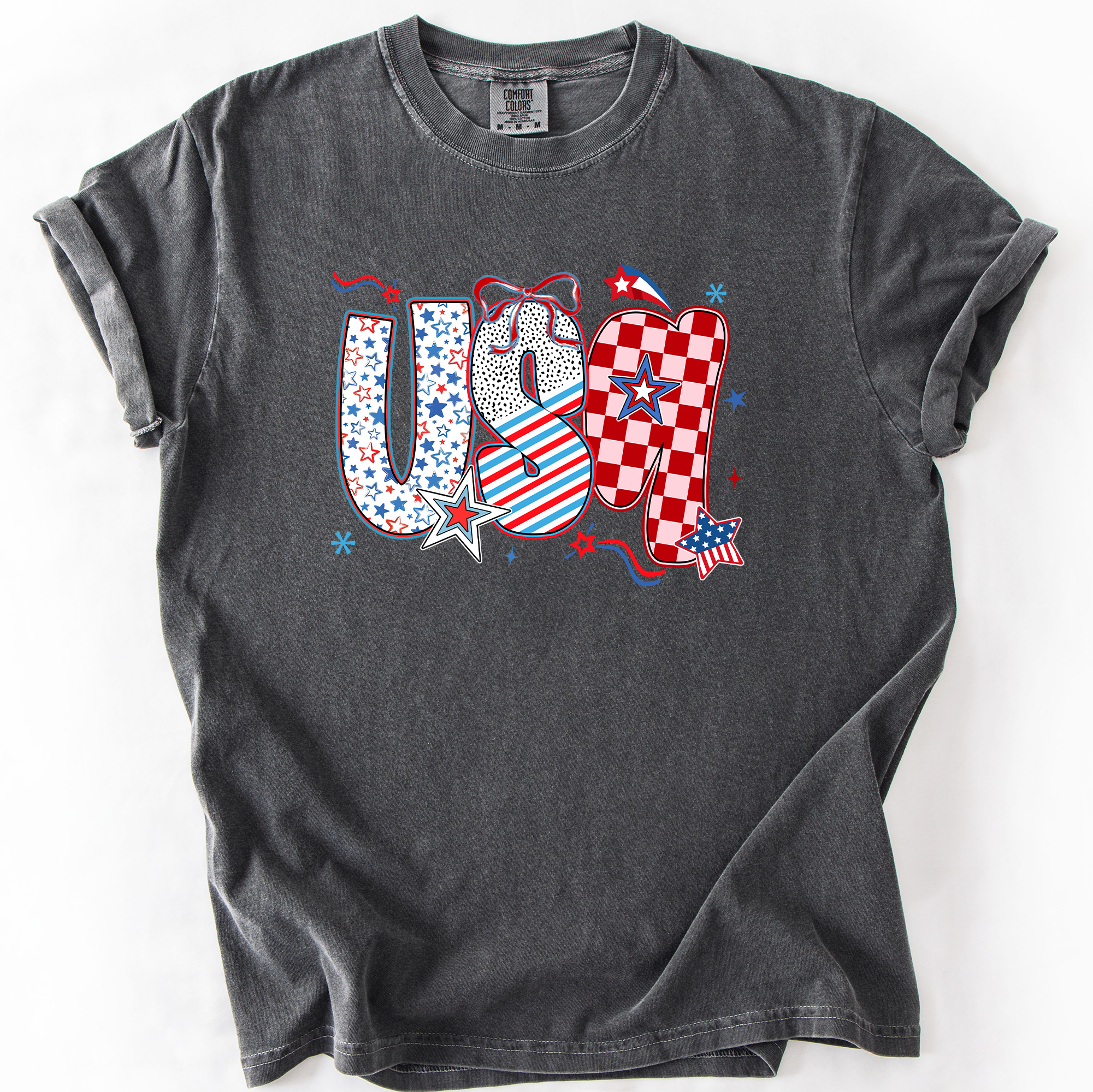 USA Patriotic Patterns With Ribbons Fourth of July America Theme Comfort Colors Tee