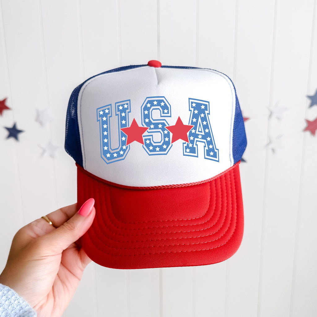 USA Stars Patriotic American Flag Emblem Bold Everyday Wear Trucker Hat With Adjustable Strap