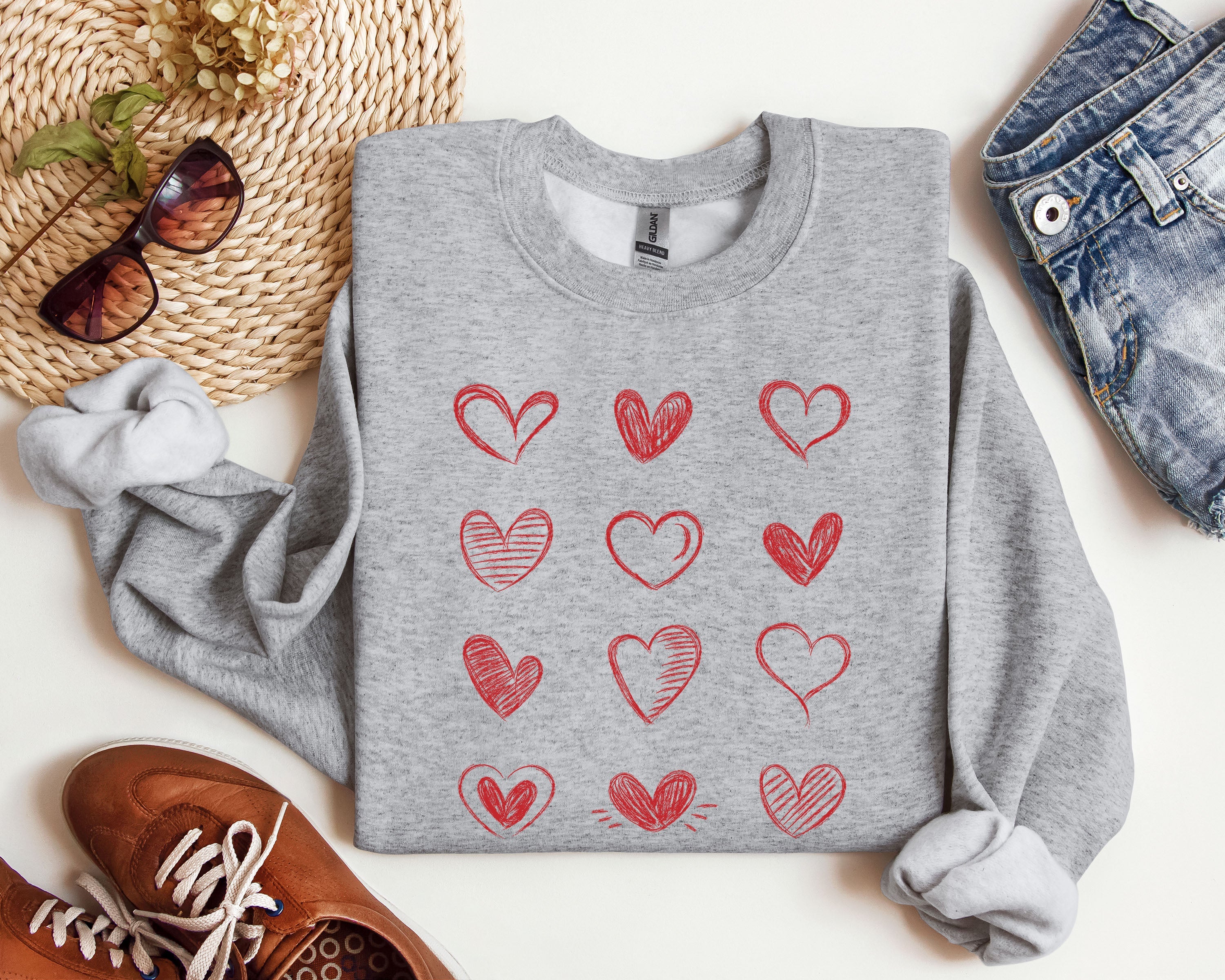 Retro Chic Hearts Vintage Valentine's Day Nostalgic Romance Graphic Print Sweatshirt