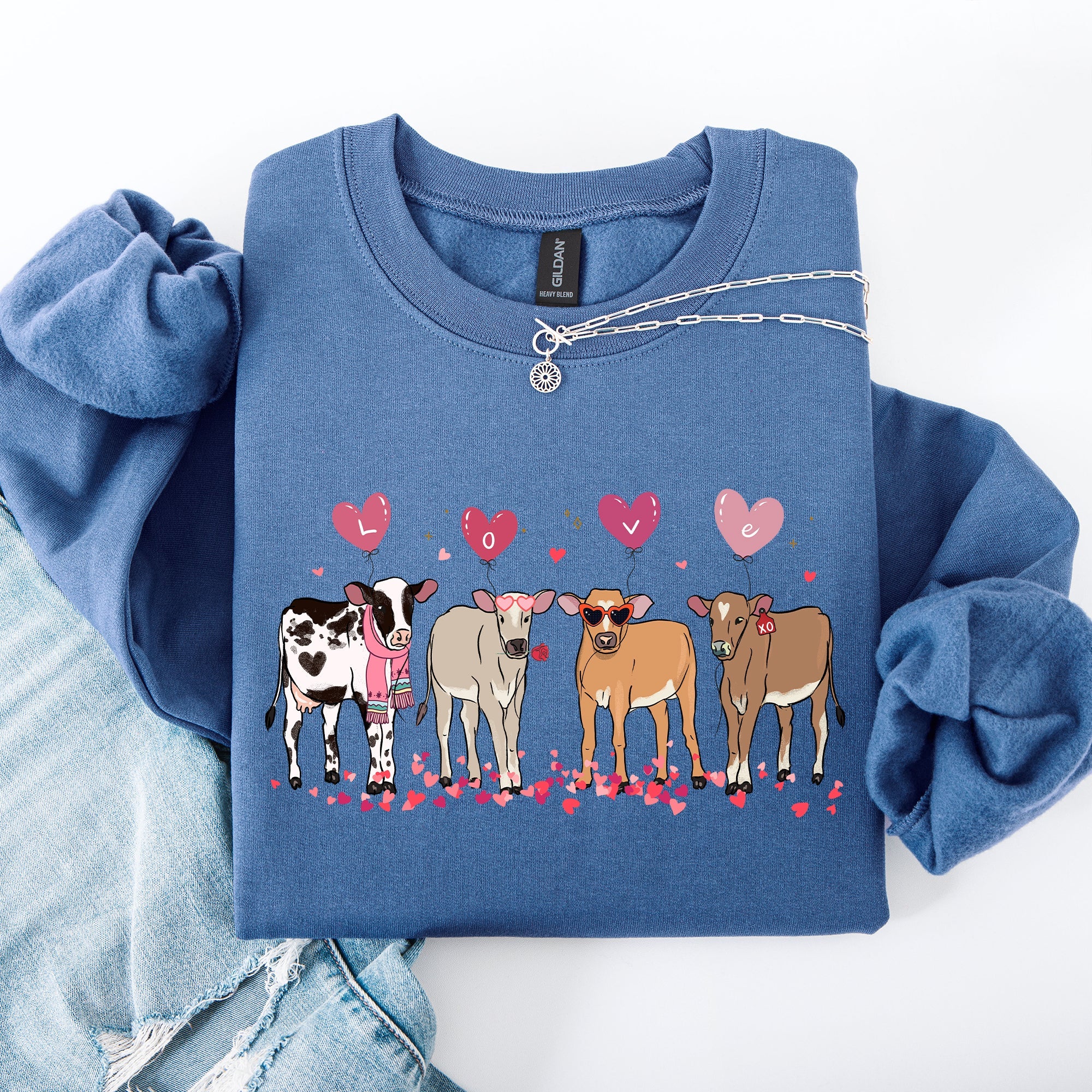 Valentine's Calves And Cows Farm Life Hearts Love For Animals Farmhouse Design Sweatshirt