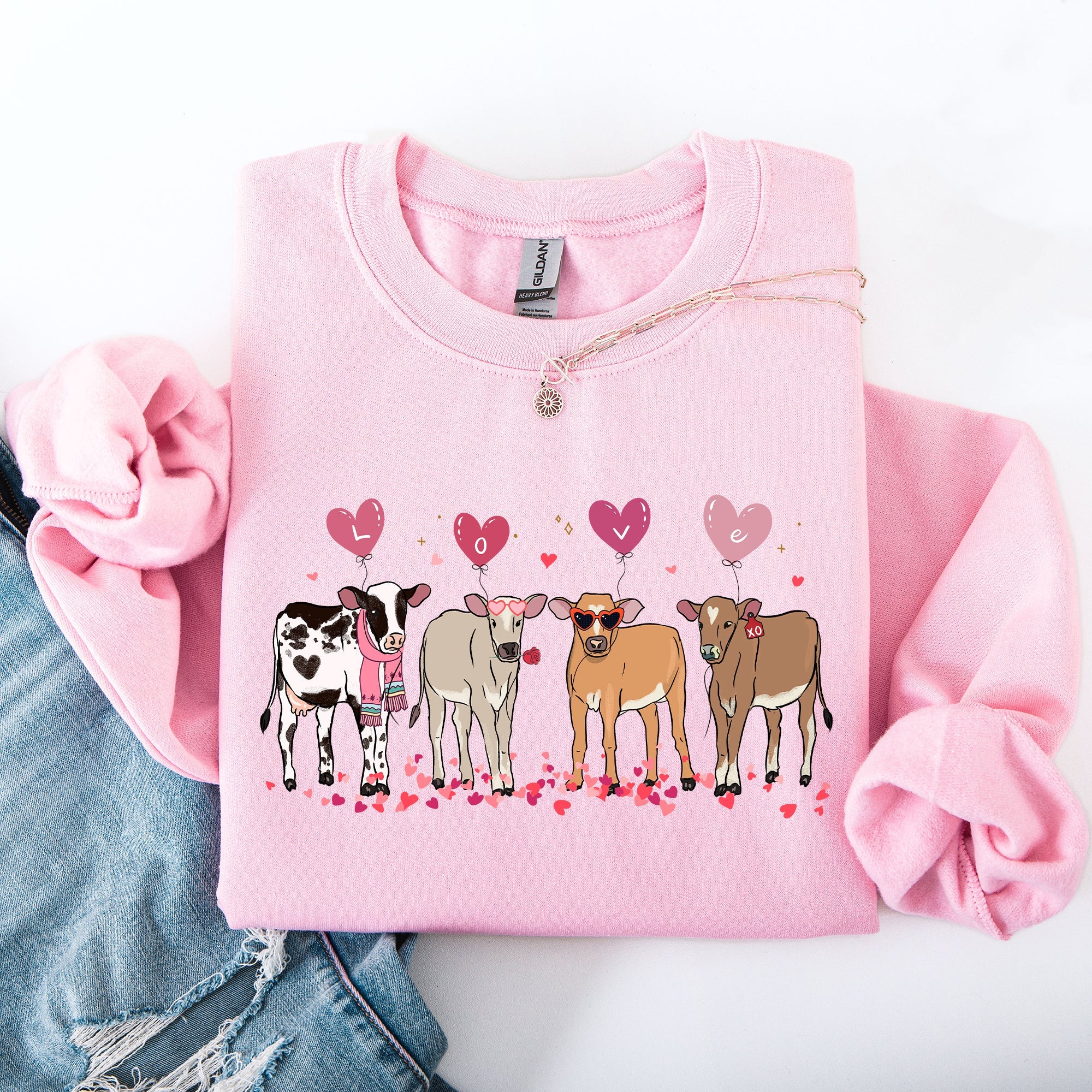 Valentine's Calves And Cows Farm Life Hearts Love For Animals Farmhouse Design Sweatshirt
