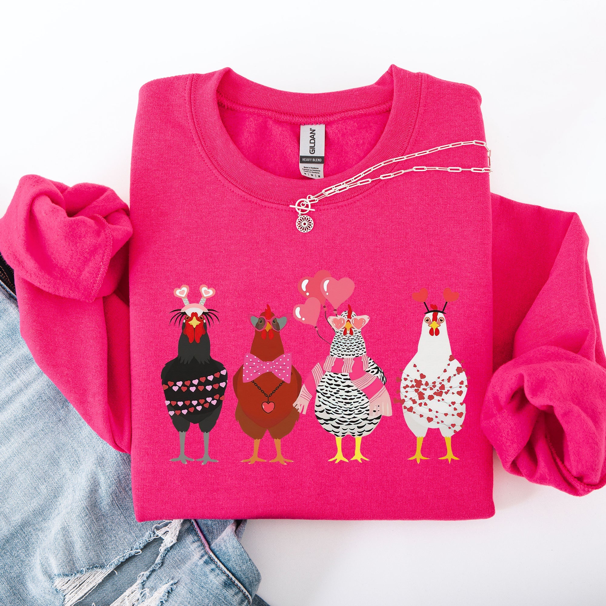 Valentine's Chickens Love Hearts Whimsical Farmhouse Cozy Design For Farm Lovers Sweatshirt