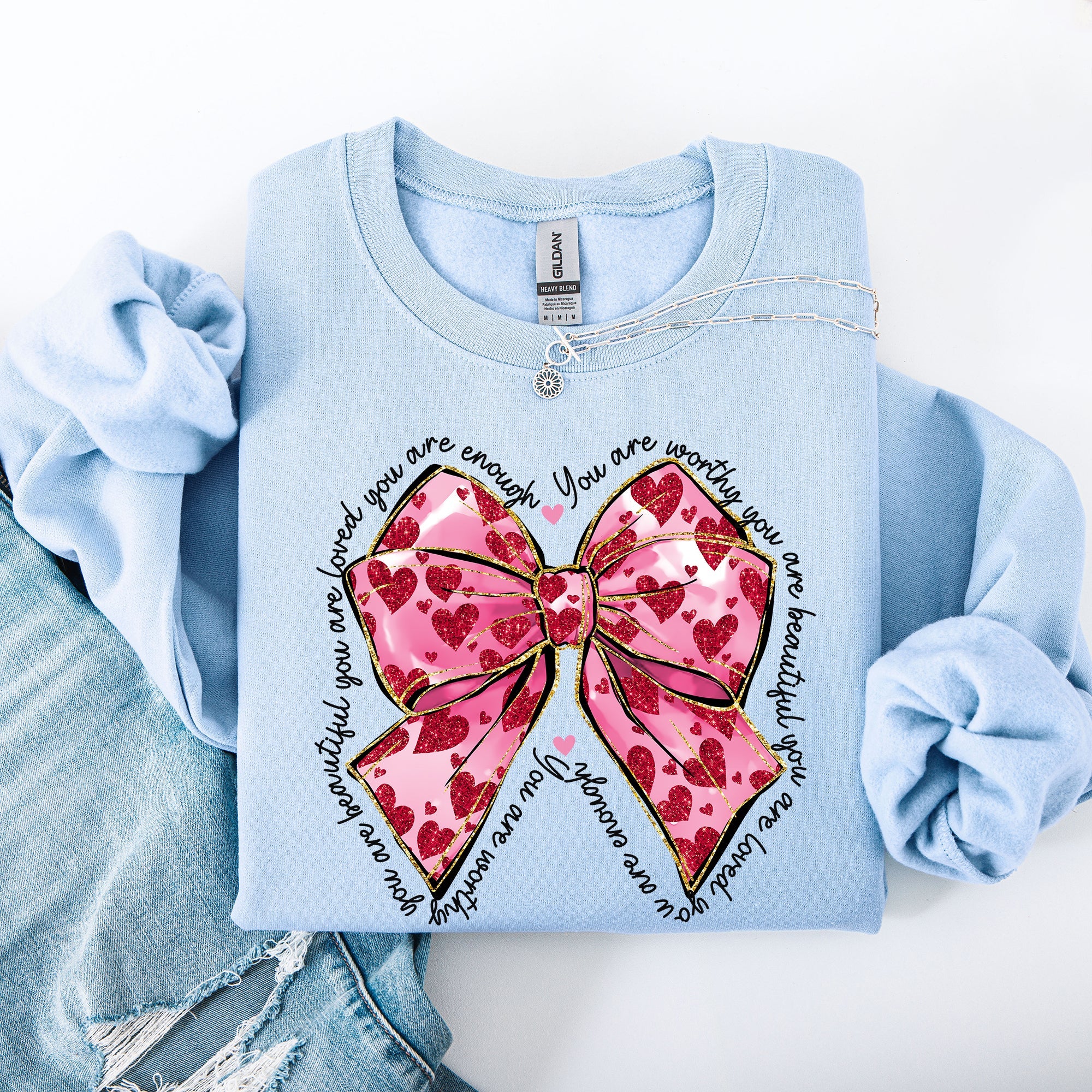 Valentine's Day Affirmations Loved Enough Worthy Positivity Ribbon Love Heart Sweatshirt