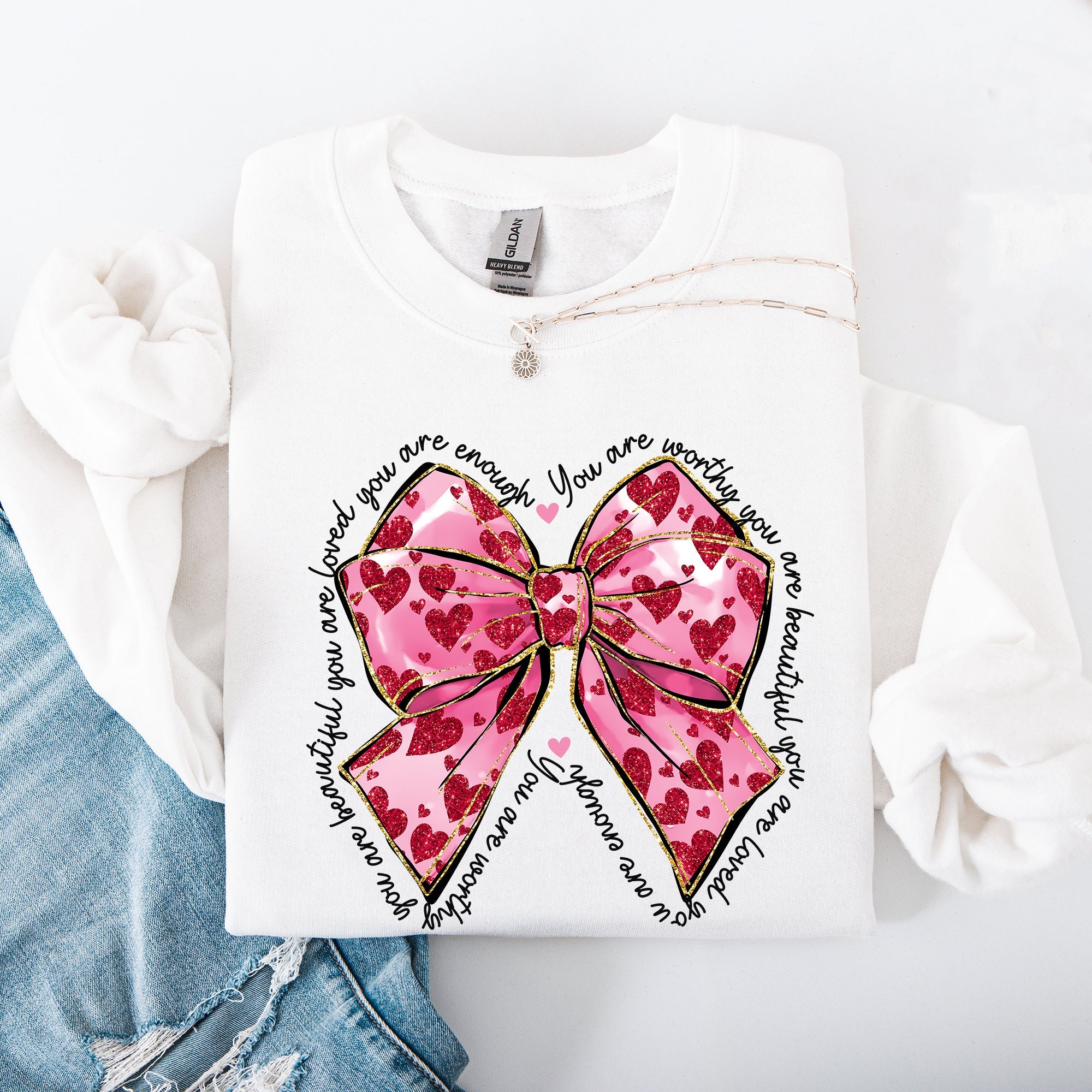 Valentine's Day Affirmations Loved Enough Worthy Positivity Ribbon Love Heart Sweatshirt
