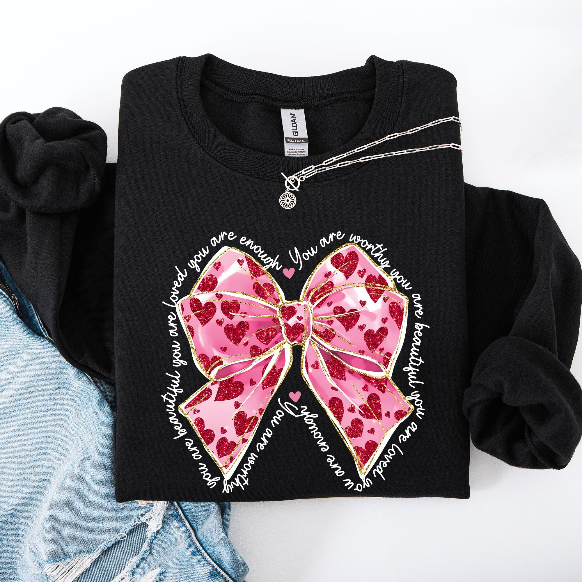 Valentine's Day Affirmations Loved Enough Worthy Positivity Ribbon Love Heart Sweatshirt