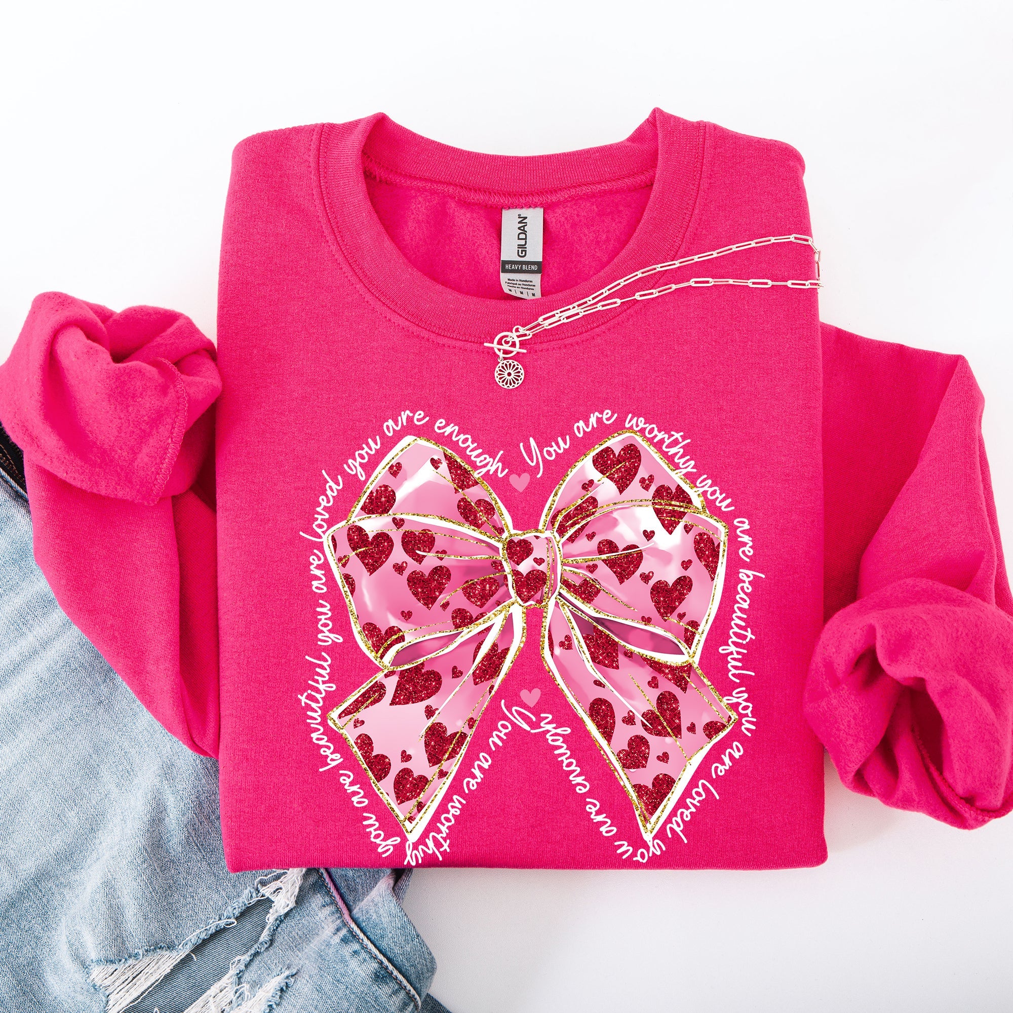 Valentine's Day Affirmations Loved Enough Worthy Positivity Ribbon Love Heart Sweatshirt