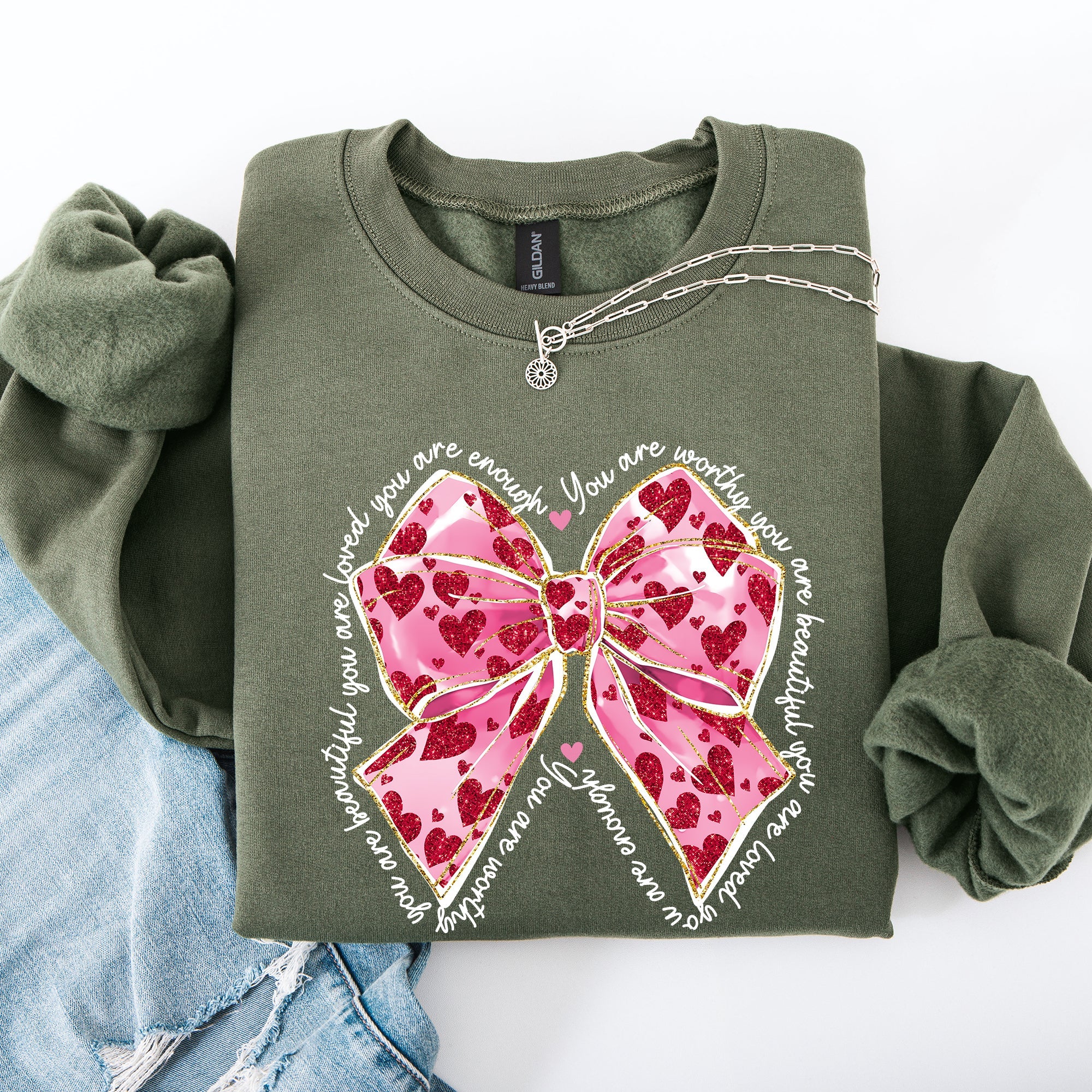 Valentine's Day Affirmations Loved Enough Worthy Positivity Ribbon Love Heart Sweatshirt