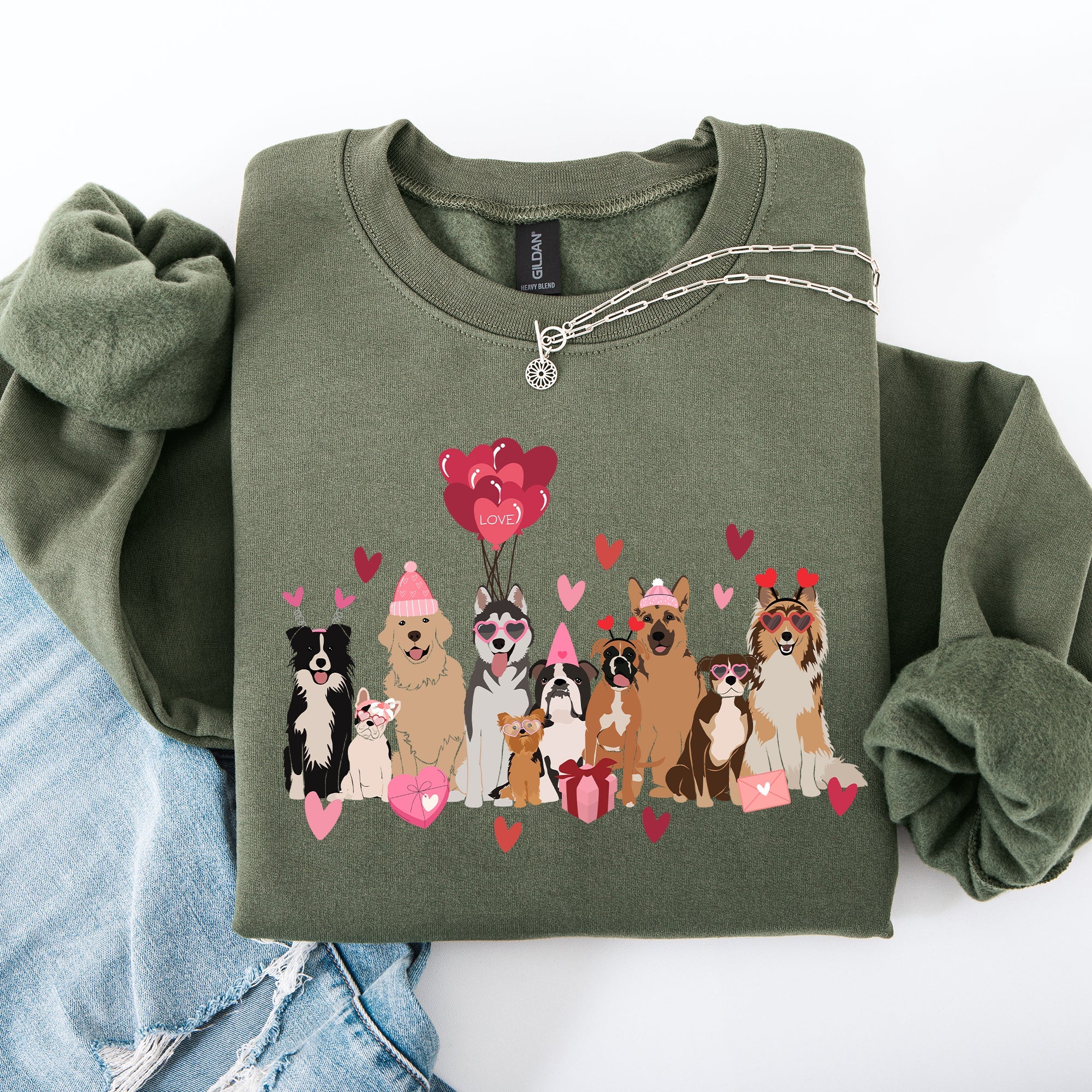 Valentine's Dogs Balloons Hearts Paw Prints Animal Lover Theme Cozy Cartoon Style Sweatshirt