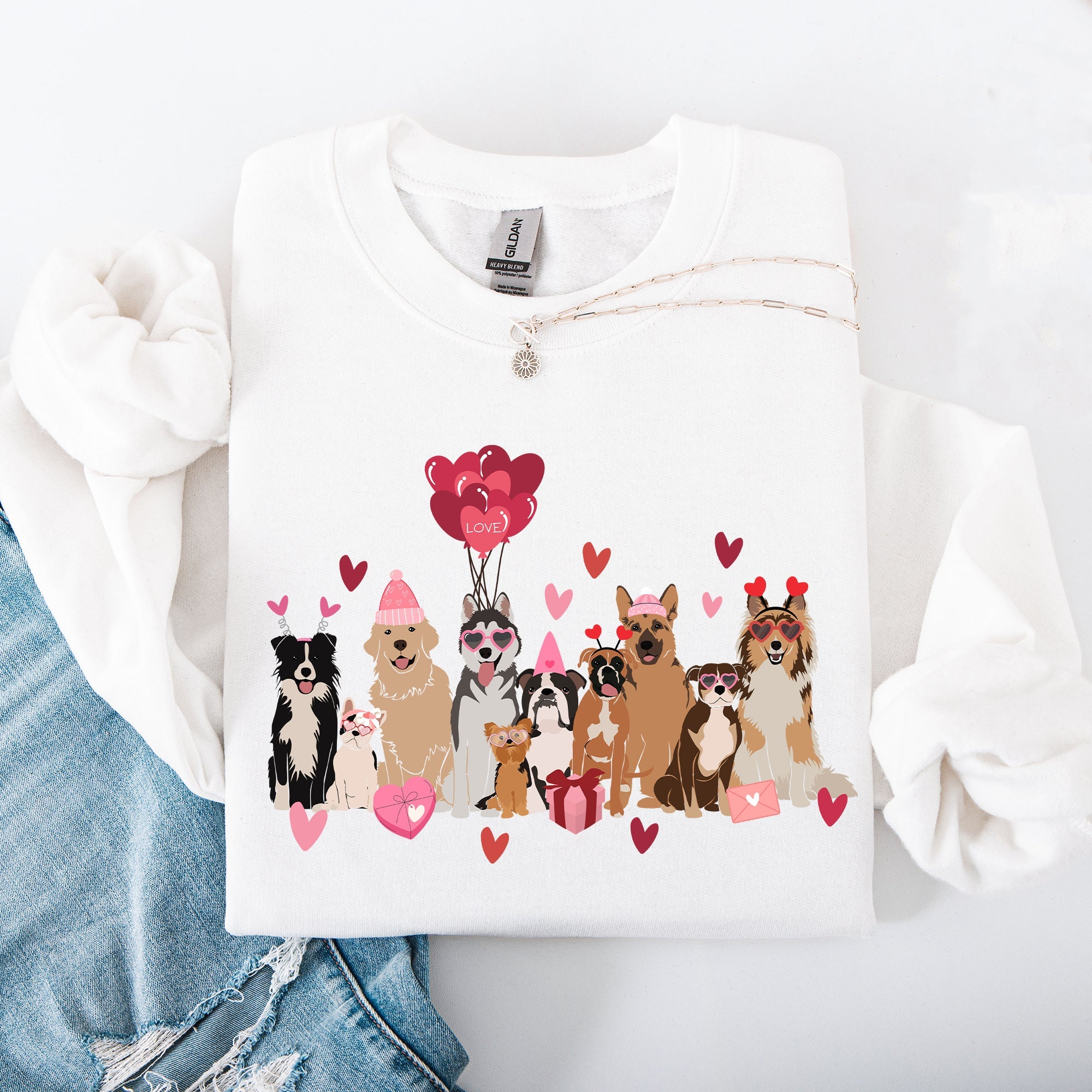 Valentine's Dogs Balloons Hearts Paw Prints Animal Lover Theme Cozy Cartoon Style Sweatshirt