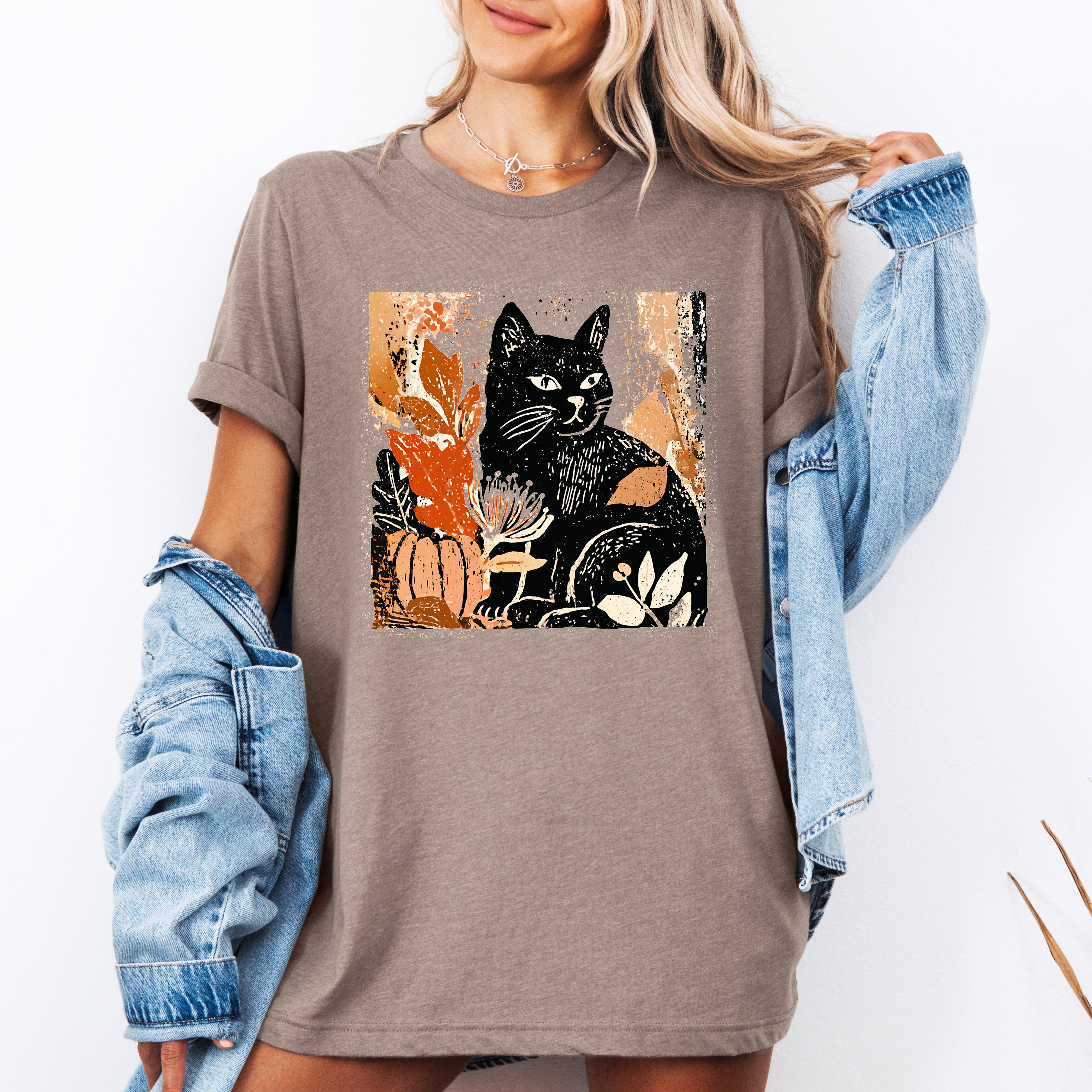 Vintage Black Cat Halloween Autumn Pumpkin Moonlit Night Cozy Wonderland Graphic Tee