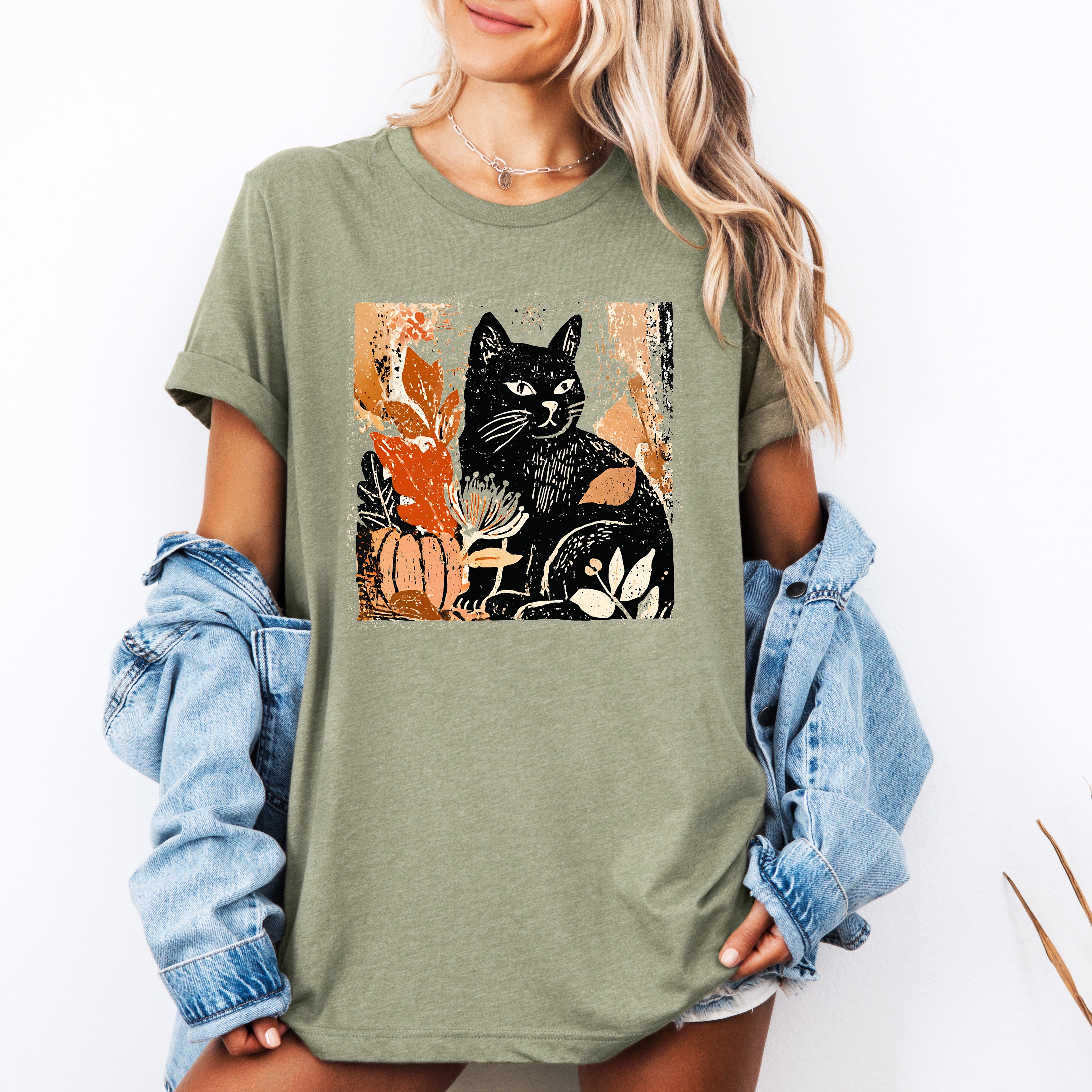 Vintage Black Cat Halloween Autumn Pumpkin Moonlit Night Cozy Wonderland Graphic Tee
