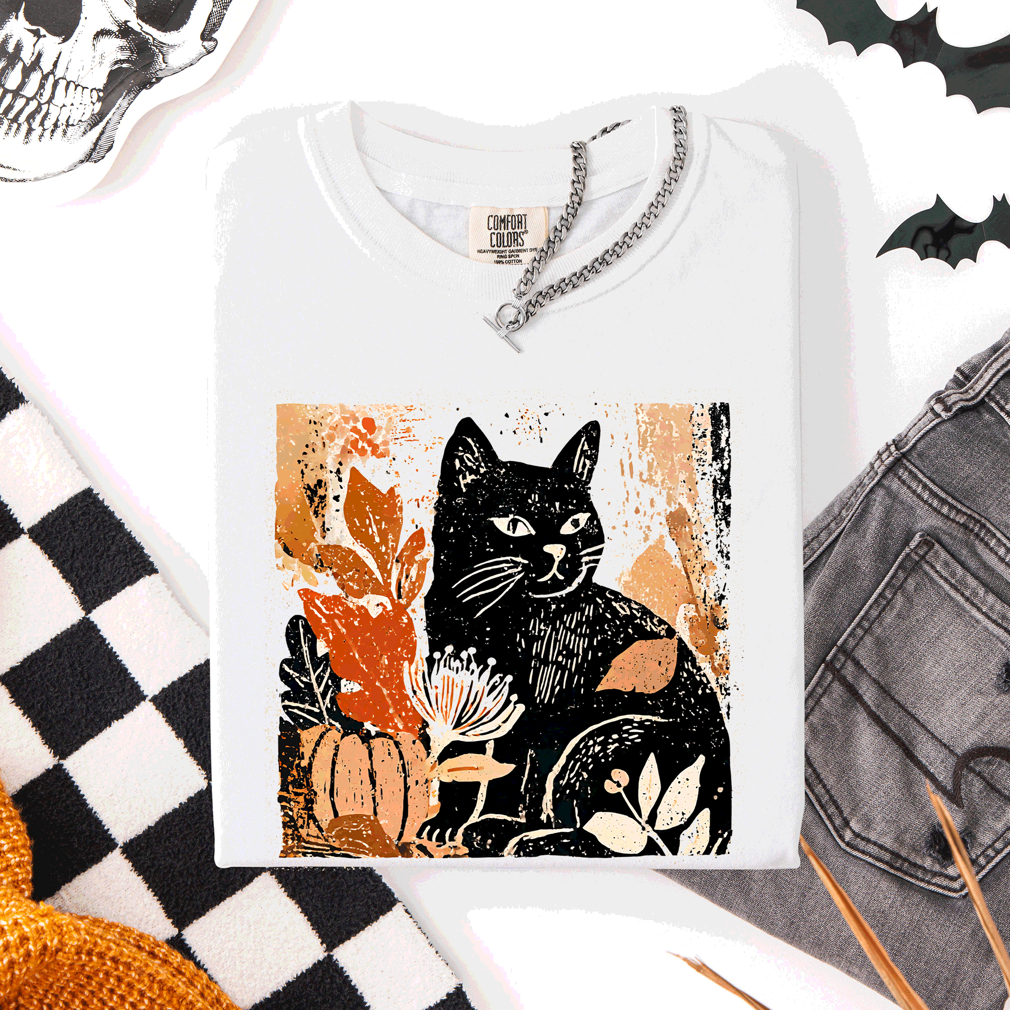Vintage Black Cat Halloween Autumn Fall Pumpkin Cozy Spooky Nighttime Comfort Colors Tee