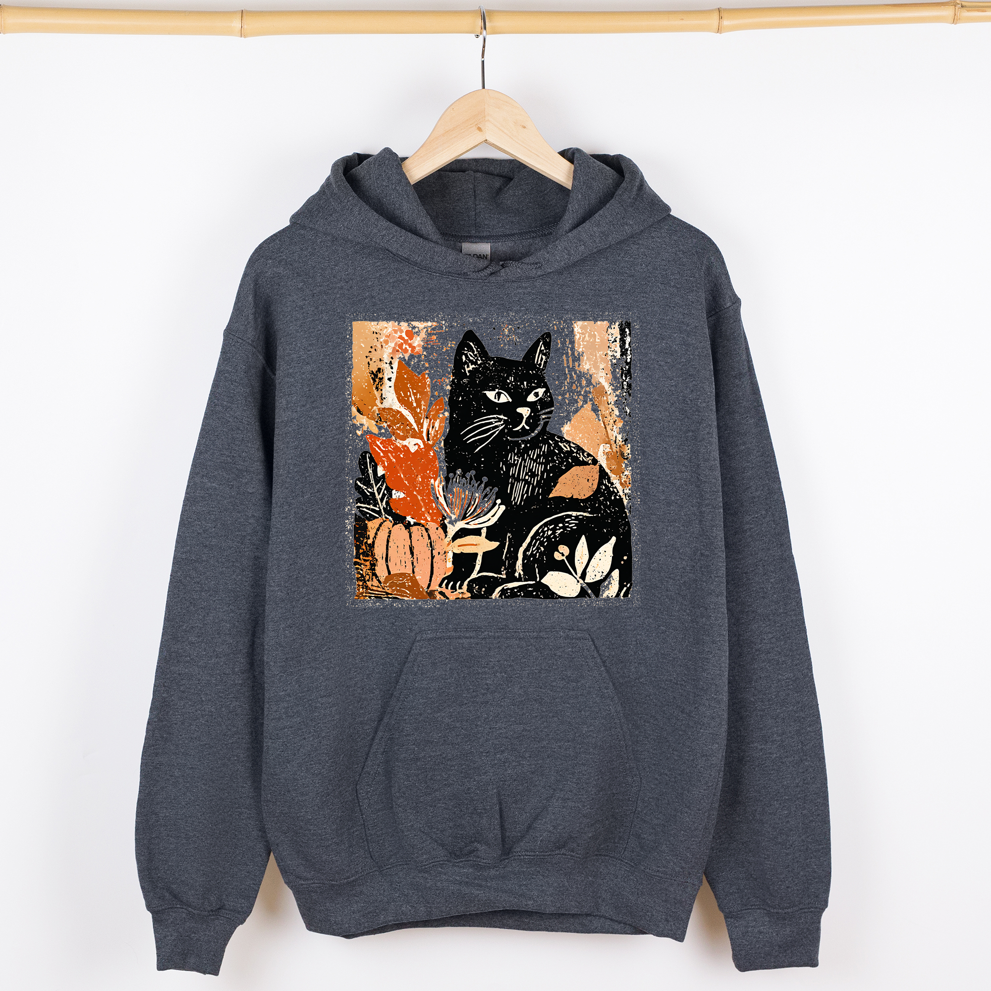 Vintage Black Cat Halloween Pumpkin Motif Retro Style Spooky Feline Night Scene Artwork Graphic Hoodie