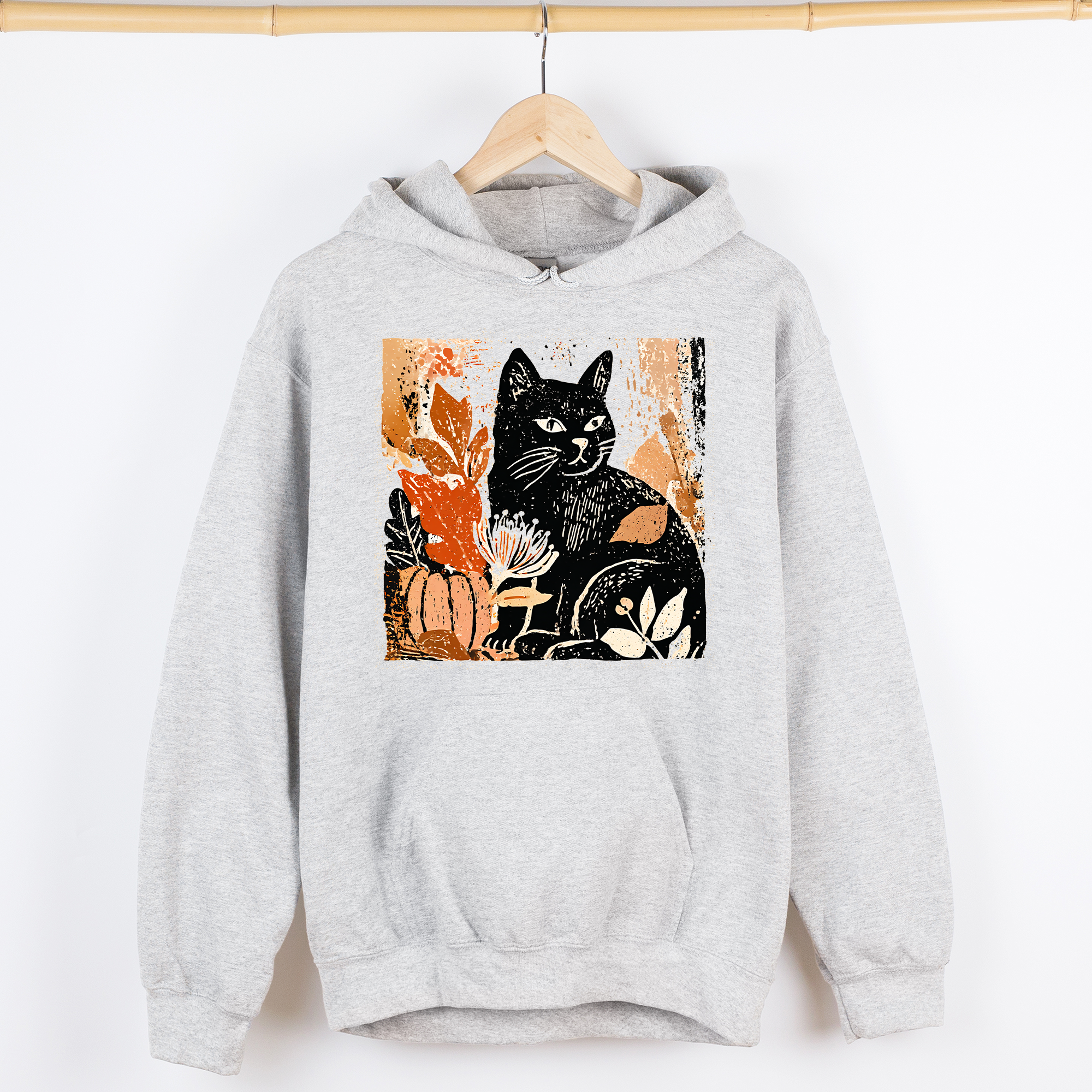 Vintage Black Cat Halloween Pumpkin Motif Retro Style Spooky Feline Night Scene Artwork Graphic Hoodie