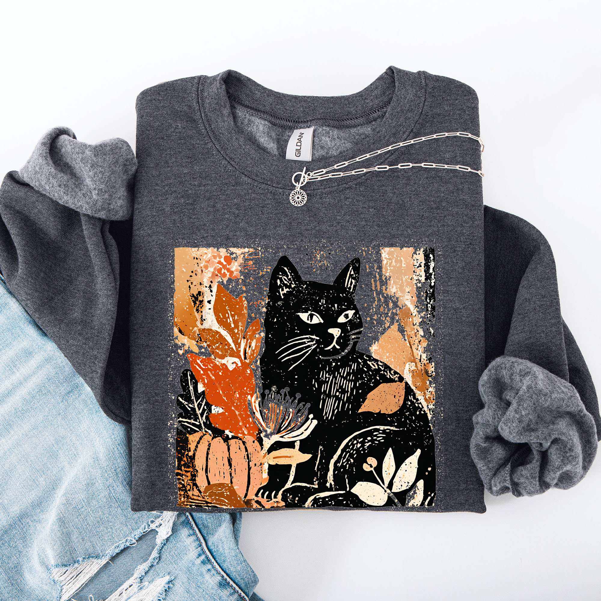 Vintage Black Cat Halloween Autumn Pumpkin Cozy Soft Fleece Vintage Inspired Design Sweatshirt