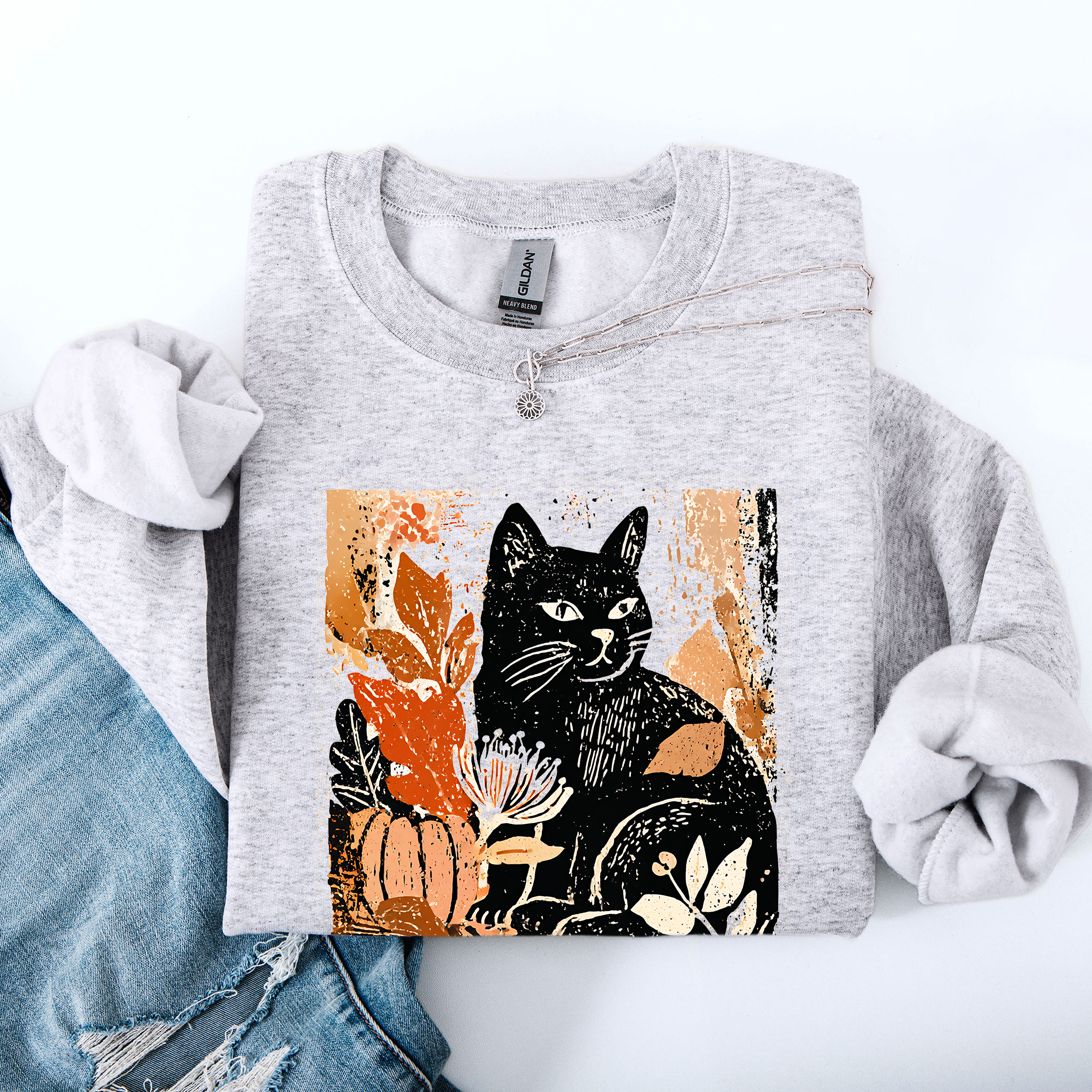 Vintage Black Cat Halloween Autumn Pumpkin Cozy Soft Fleece Vintage Inspired Design Sweatshirt