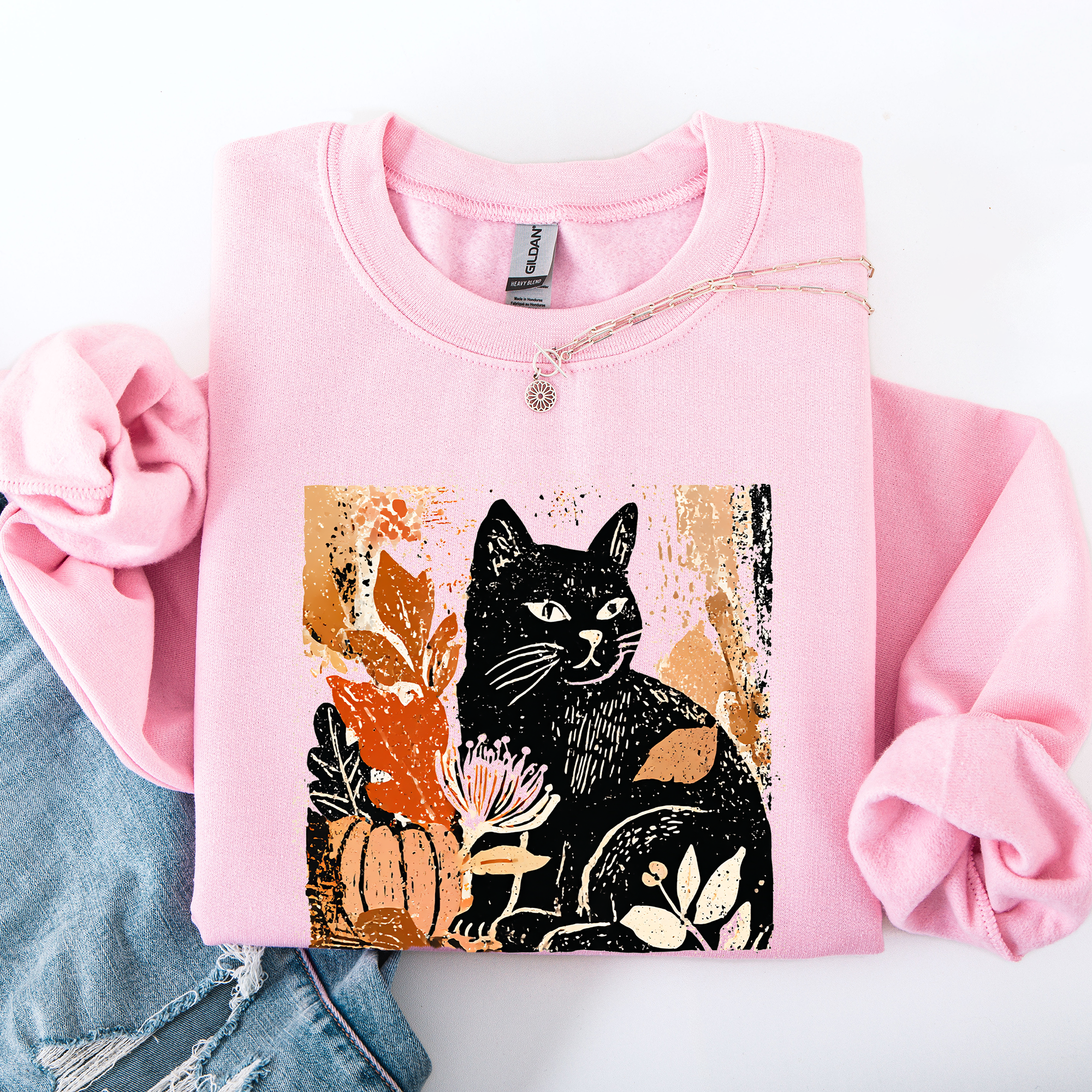 Vintage Black Cat Halloween Autumn Pumpkin Cozy Soft Fleece Vintage Inspired Design Sweatshirt
